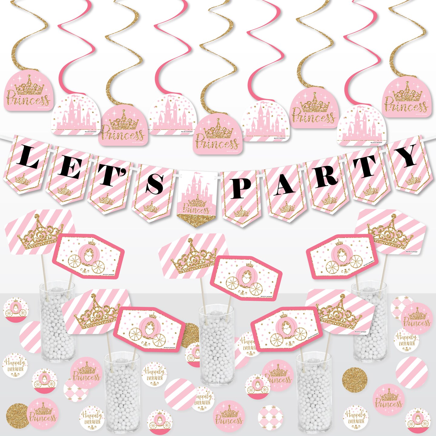 Big Dot of Happiness Little Princess Crown - Pink and Gold Baby Shower or Birthday Party Supplies Decoration Kit - Decor Galore Party Pack - 51 Pieces