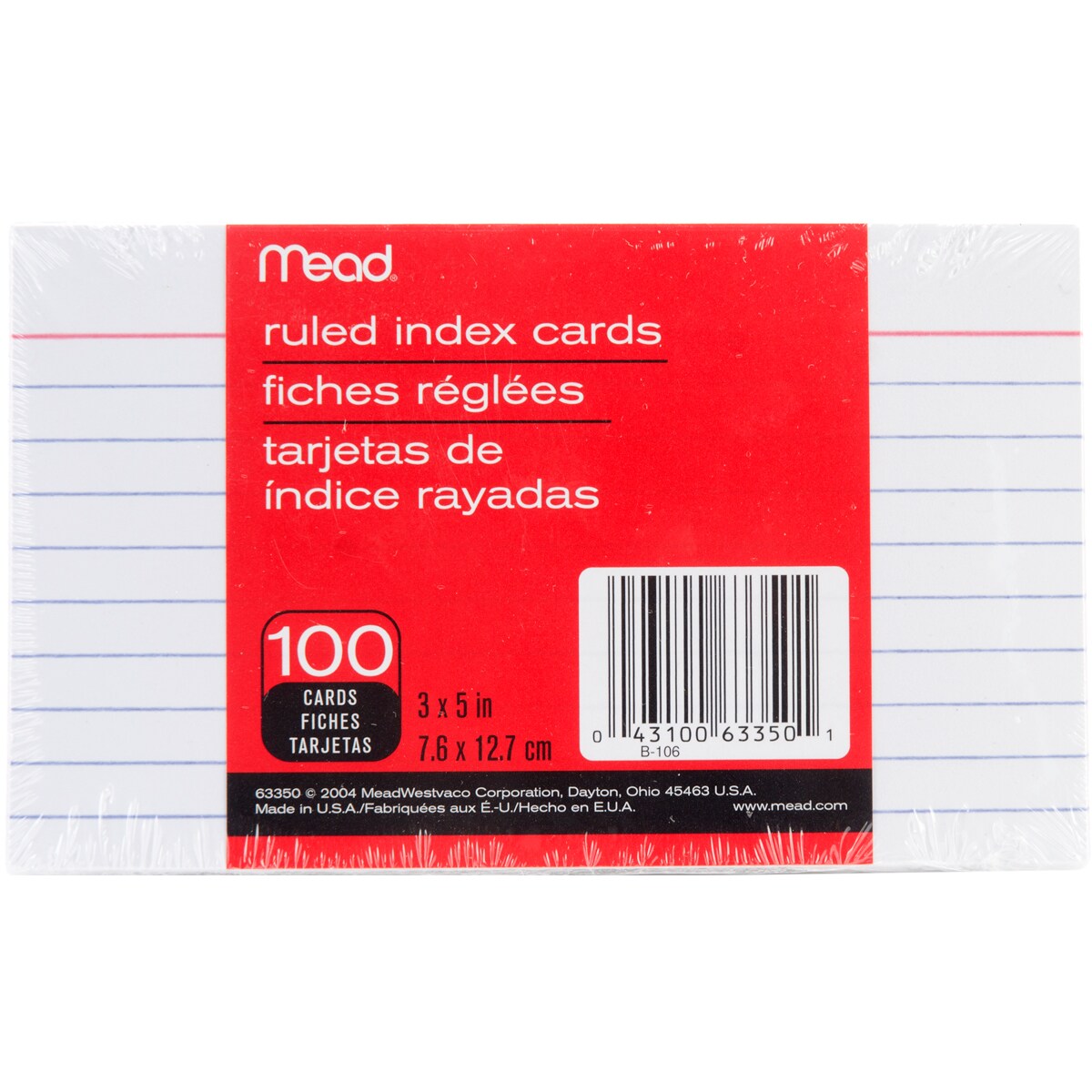 Mead Index Cards 3&#x22;X5&#x22; 100/Pkg-Ruled White