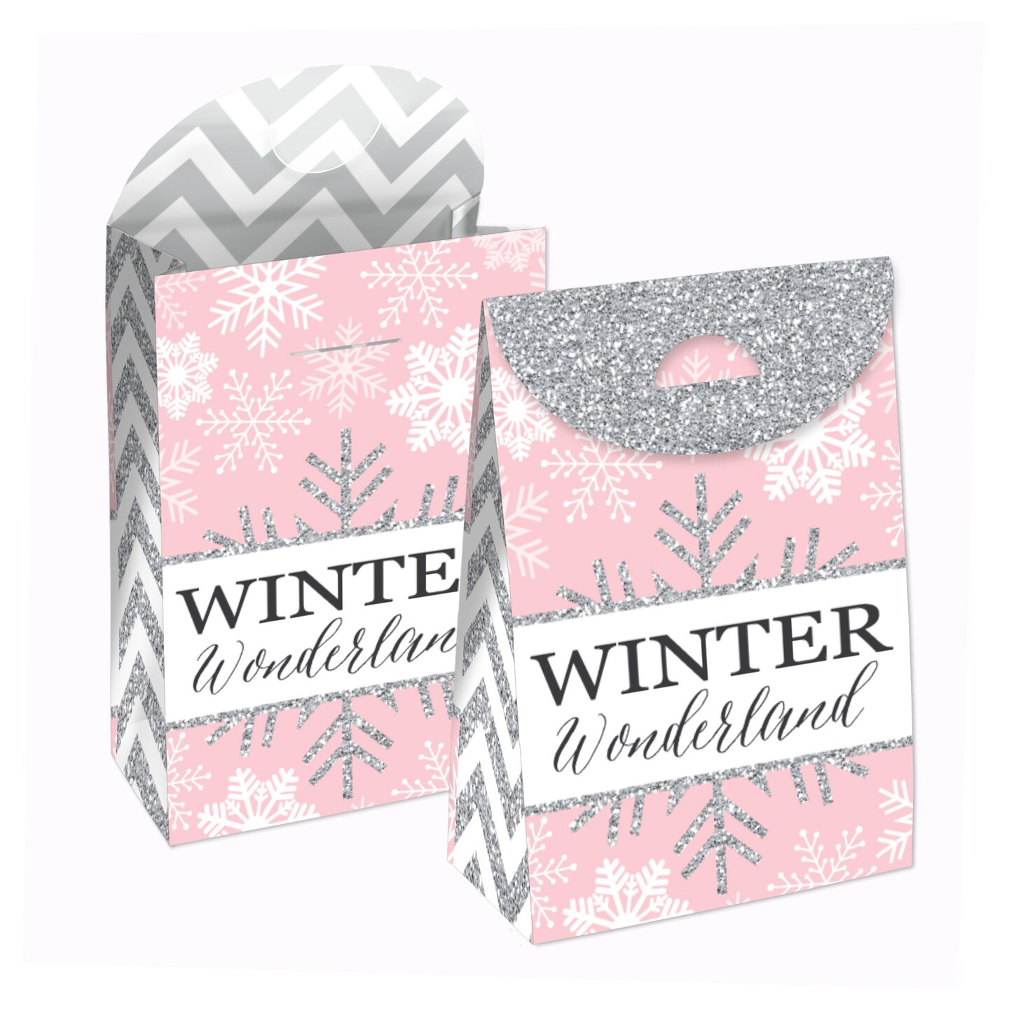 Big Dot of Happiness Pink Winter Wonderland - Holiday Snowflake Birthday and Baby Shower Gift Favor Bags - Party Goodie Boxes - Set of 12