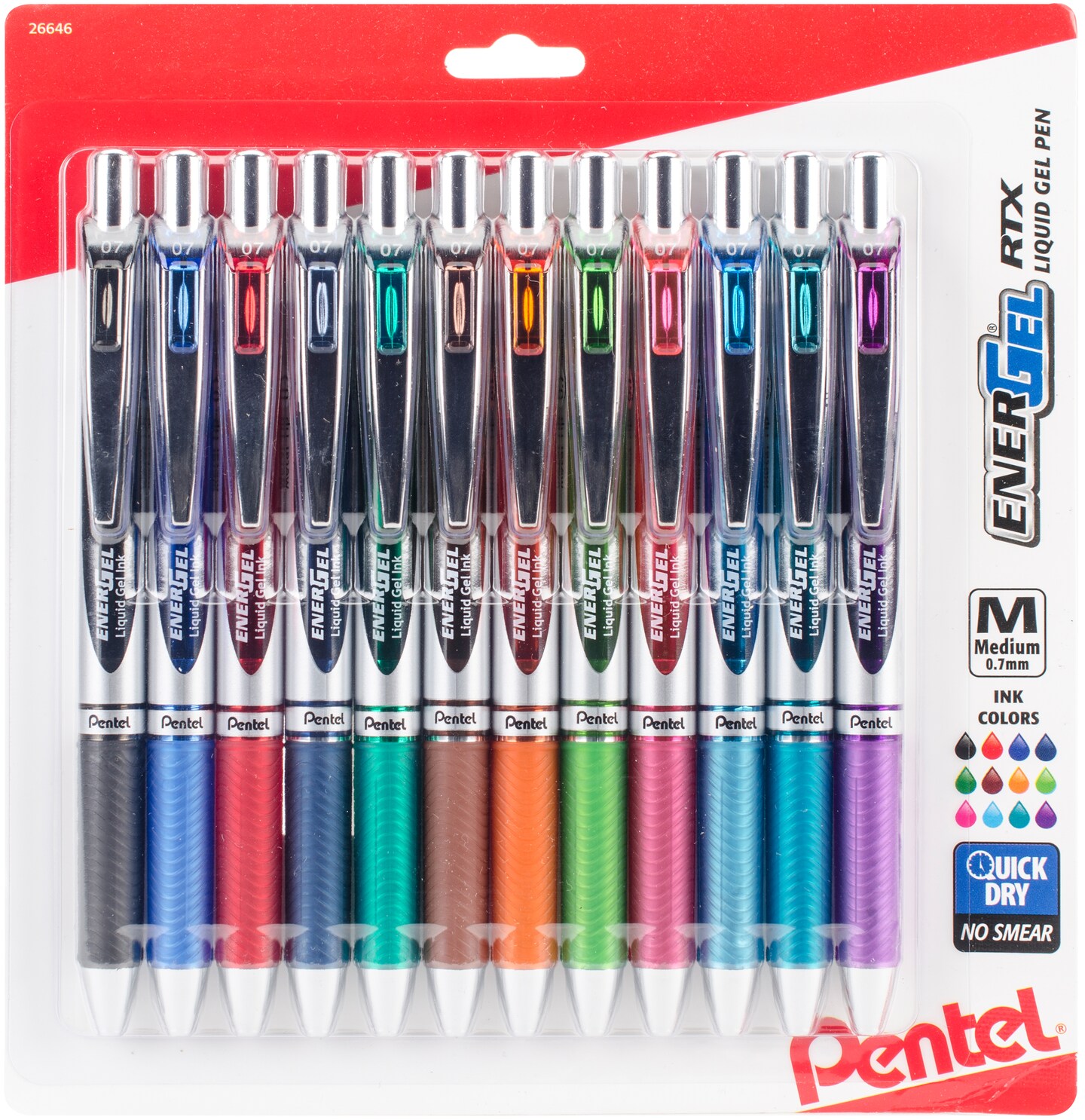 Pentel EnerGel RTX Retractable Liquid Gel Pens .7mm 12/Pkg-Assorted Ink Colors