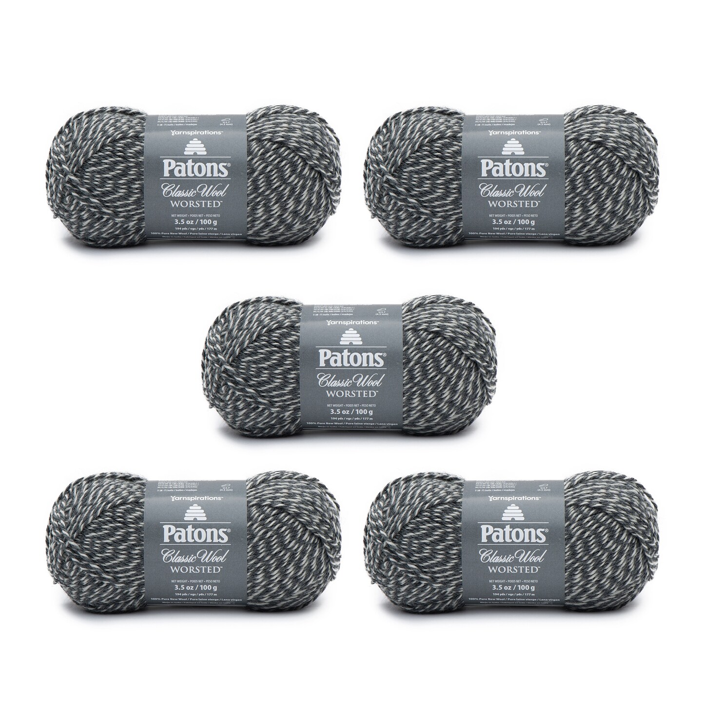 Patons Classic Wool Dark Gray Marl Yarn - 5 Pack of 3.5oz/100g - Wool - 4 Medium - 210 Yards - Knitting/Crochet