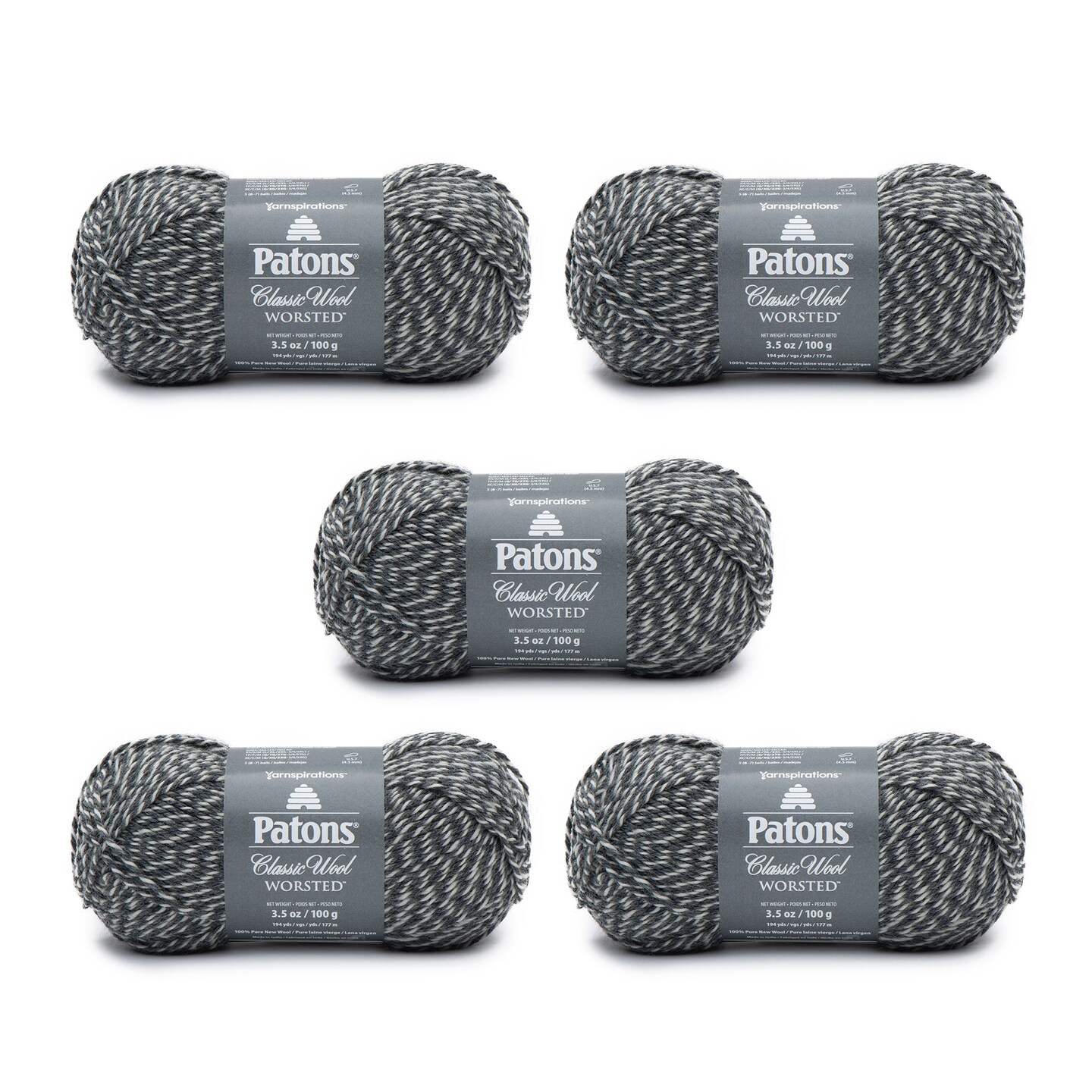 Patons Classic Wool Dark Gray Marl Yarn - 5 Pack of 3.5oz/100g