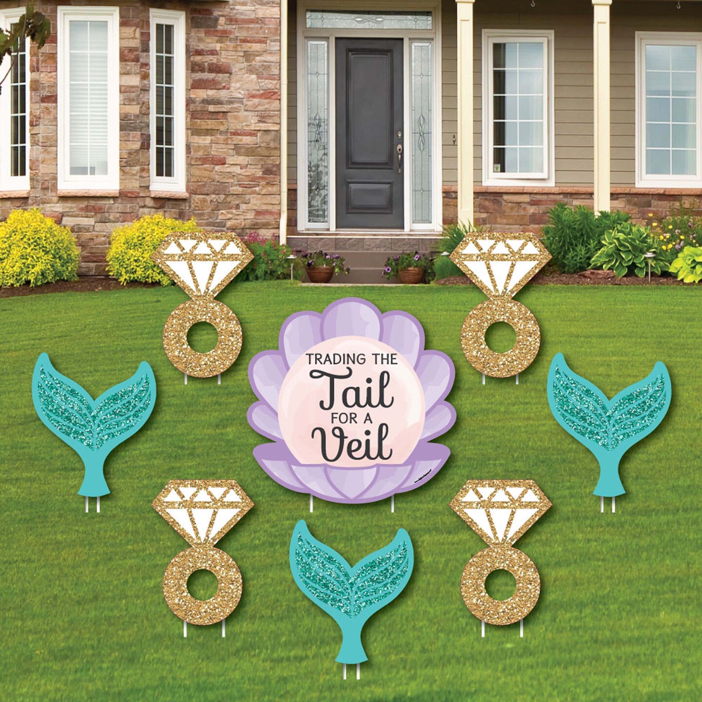 Big Dot of Happiness Trading The Tail for A Veil - Yard Sign &#x26; Outdoor Lawn Decorations - Mermaid Bachelorette or Bridal Shower Yard Signs - Set of 8