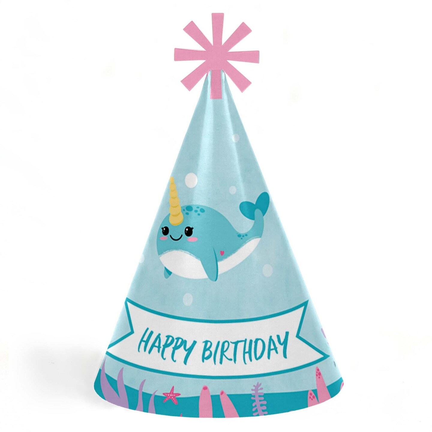Big Dot of Happiness Narwhal Girl - Cone Happy Birthday Party Hats for Kids and Adults - Set of 8 (Standard Size)