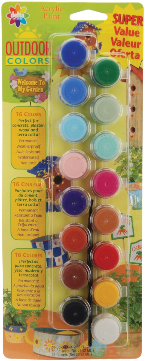 Delta Creative Paint Pots Set with Paint and Brush for Outdoors, (16 Colors)