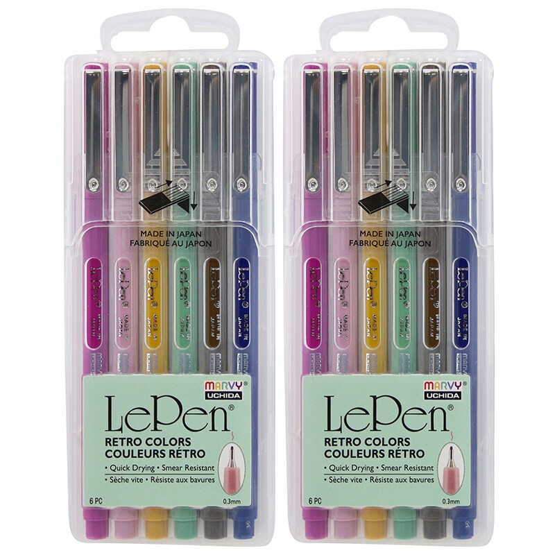 Lepen® Micro-Fine Point Pen, Retro, 6 Per Pack, 2 Packs