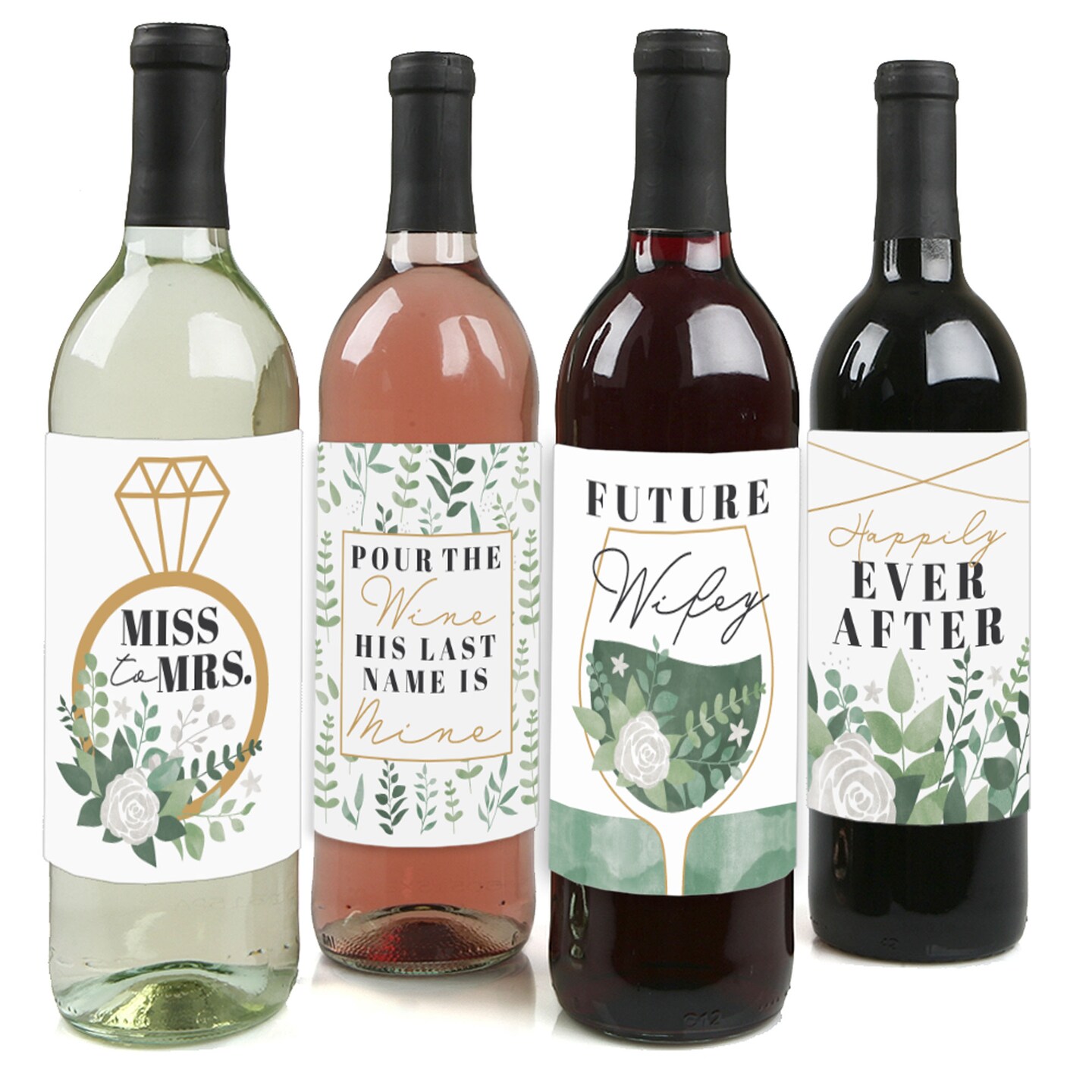Big Dot of Happiness Boho Botanical Bride - Greenery Bridal Shower & Wedding Party Decorations - Wine Bottle Label Stickers - Set of 4