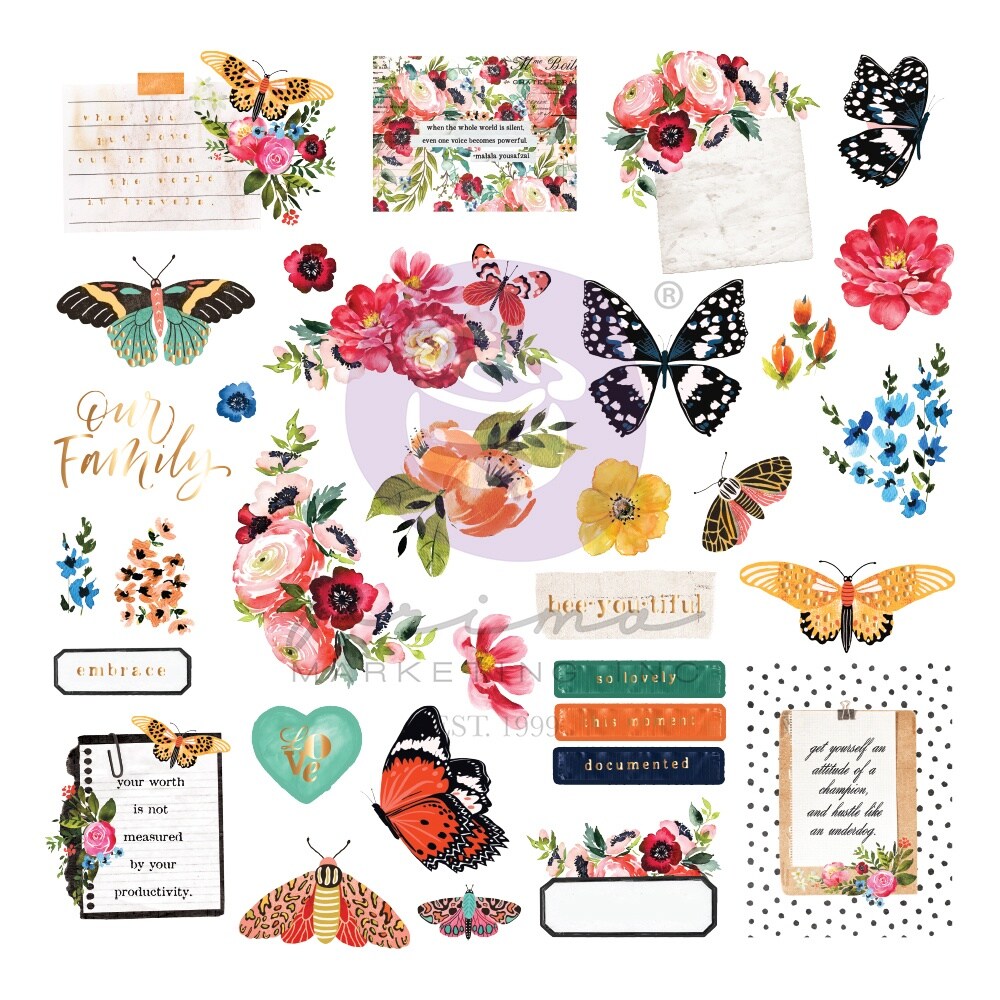 Painted Floral Cardstock Ephemera 33/Pkg-Shapes, Tags, Words, Foiled Accents
