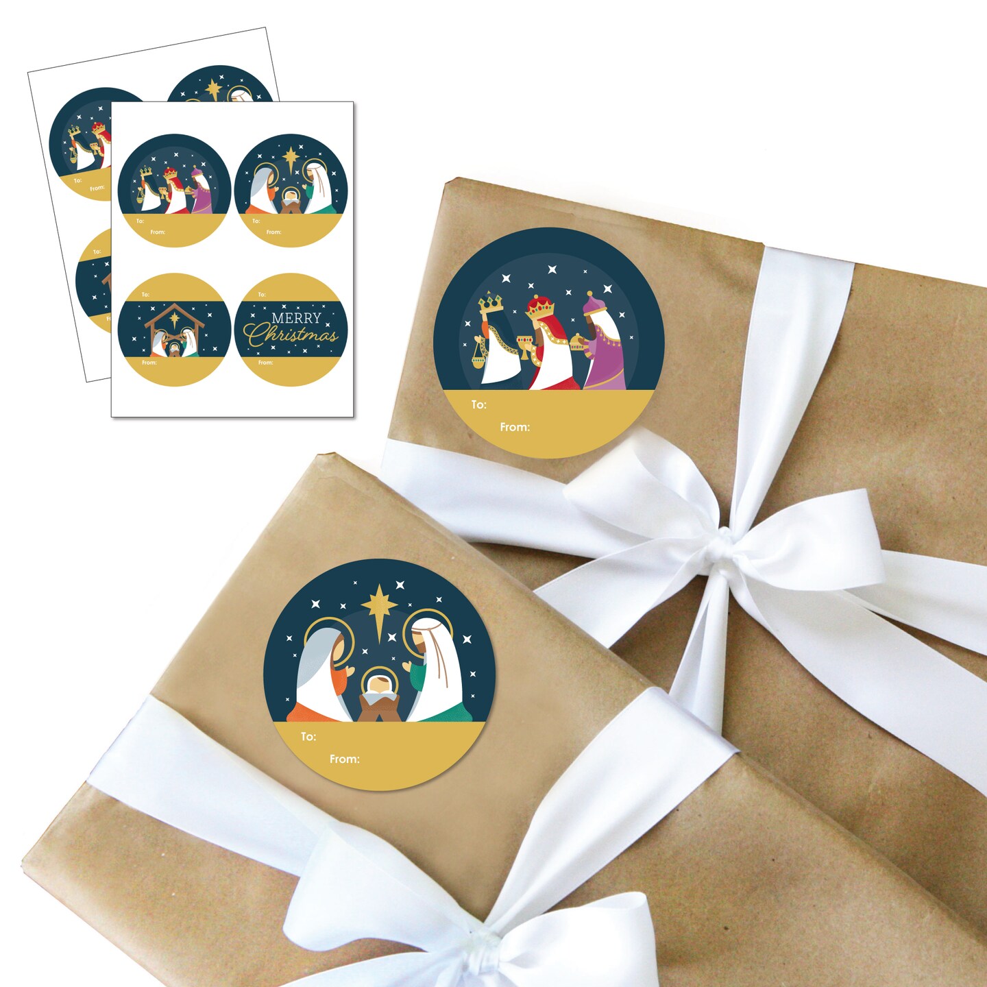 Big Dot of Happiness Holy Nativity - Round Manger Scene Religious Christmas To and From Gift Tags - Large Stickers - Set of 8