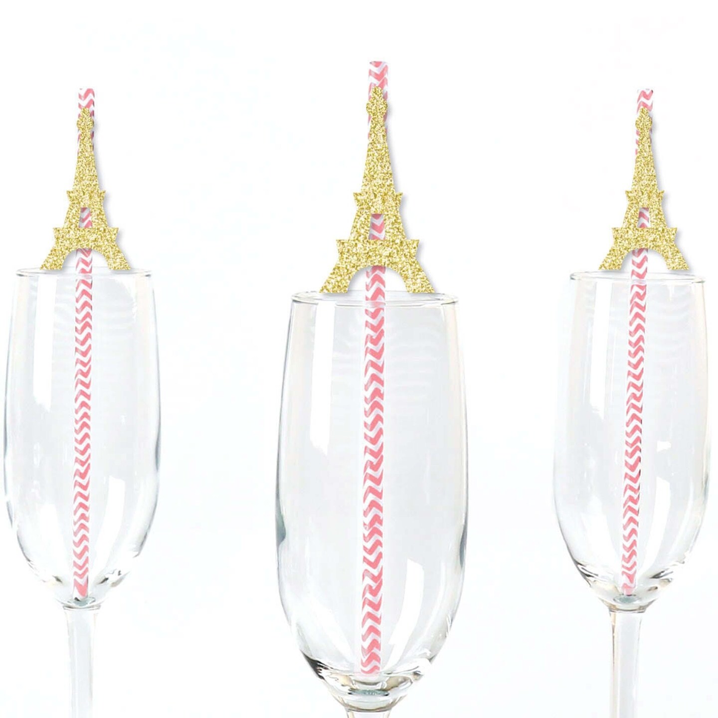 Big Dot of Happiness Gold Glitter Eiffel Tower Party Straws - No-Mess Real Glitter Cut-Outs &#x26; Baby Shower or Birthday Party Paper Straws - Set of 24