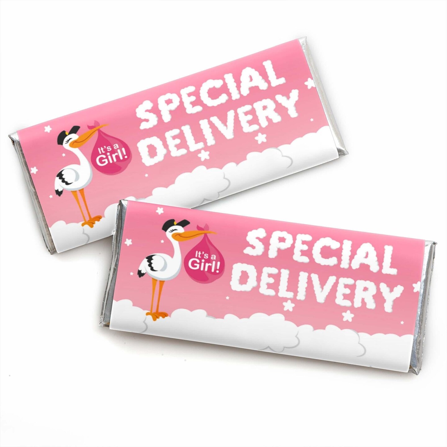 Big Dot of Happiness Girl Special Delivery - Candy Bar Wrapper Pink It&#x27;s a Girl Stork Baby Shower Favors - Set of 24