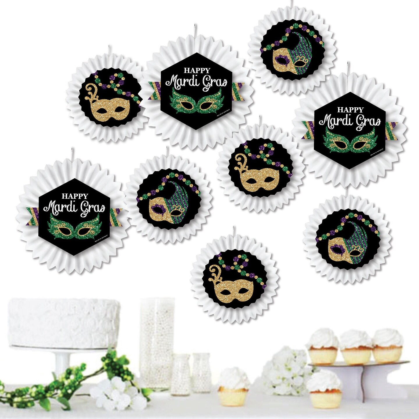 Big Dot of Happiness Mardi Gras - Hanging Masquerade Party Tissue Decoration Kit - Paper Fans - Set of 9