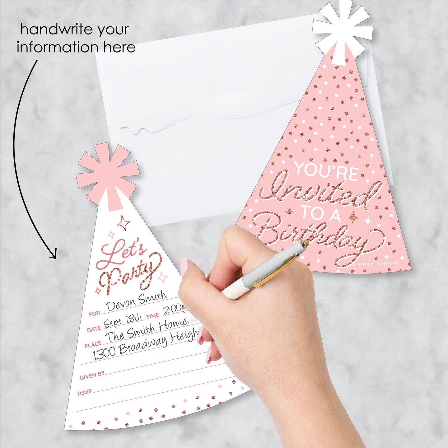 Big Dot of Happiness Pink Rose Gold Birthday - Shaped Fill-In Invitations - Happy Birthday Party Invitation Cards with Envelopes - Set of 12