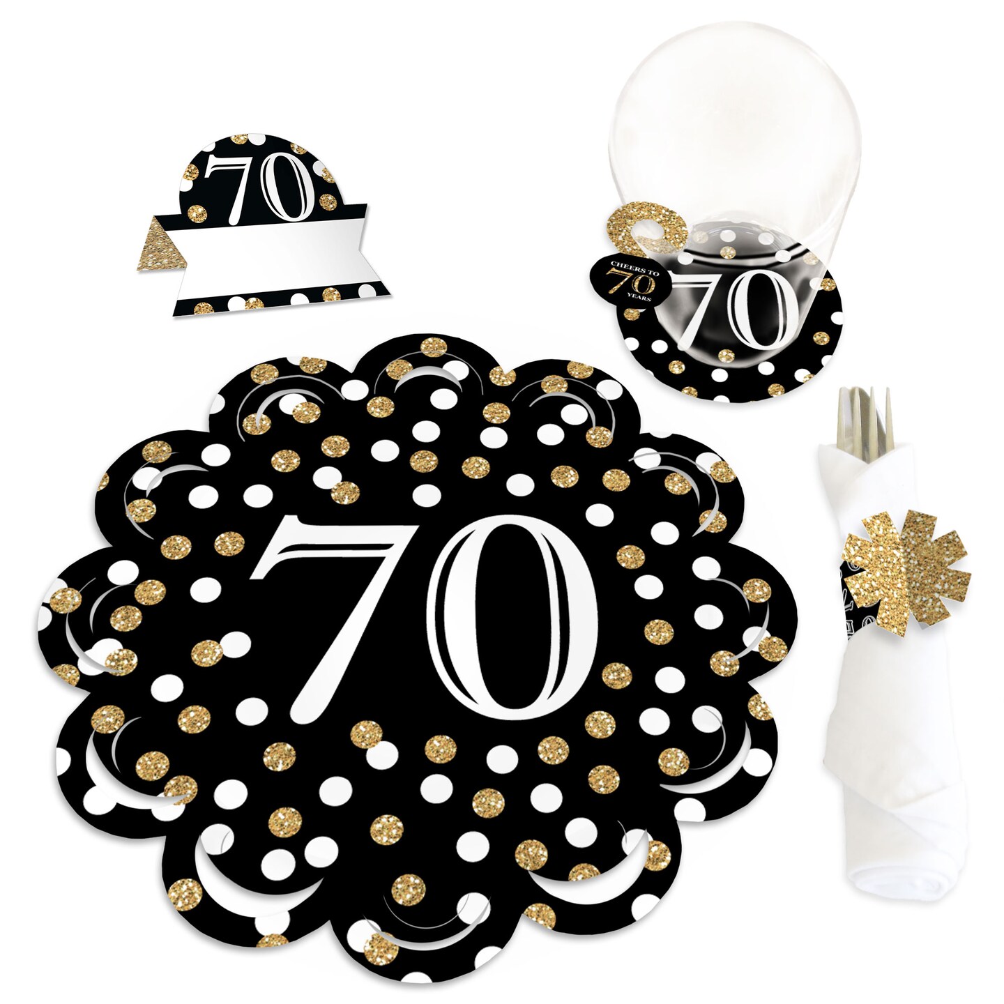 Big Dot of Happiness Adult 70th Birthday - Gold - Birthday Party Paper Charger and Table Decorations - Chargerific Kit - Place Setting for 8