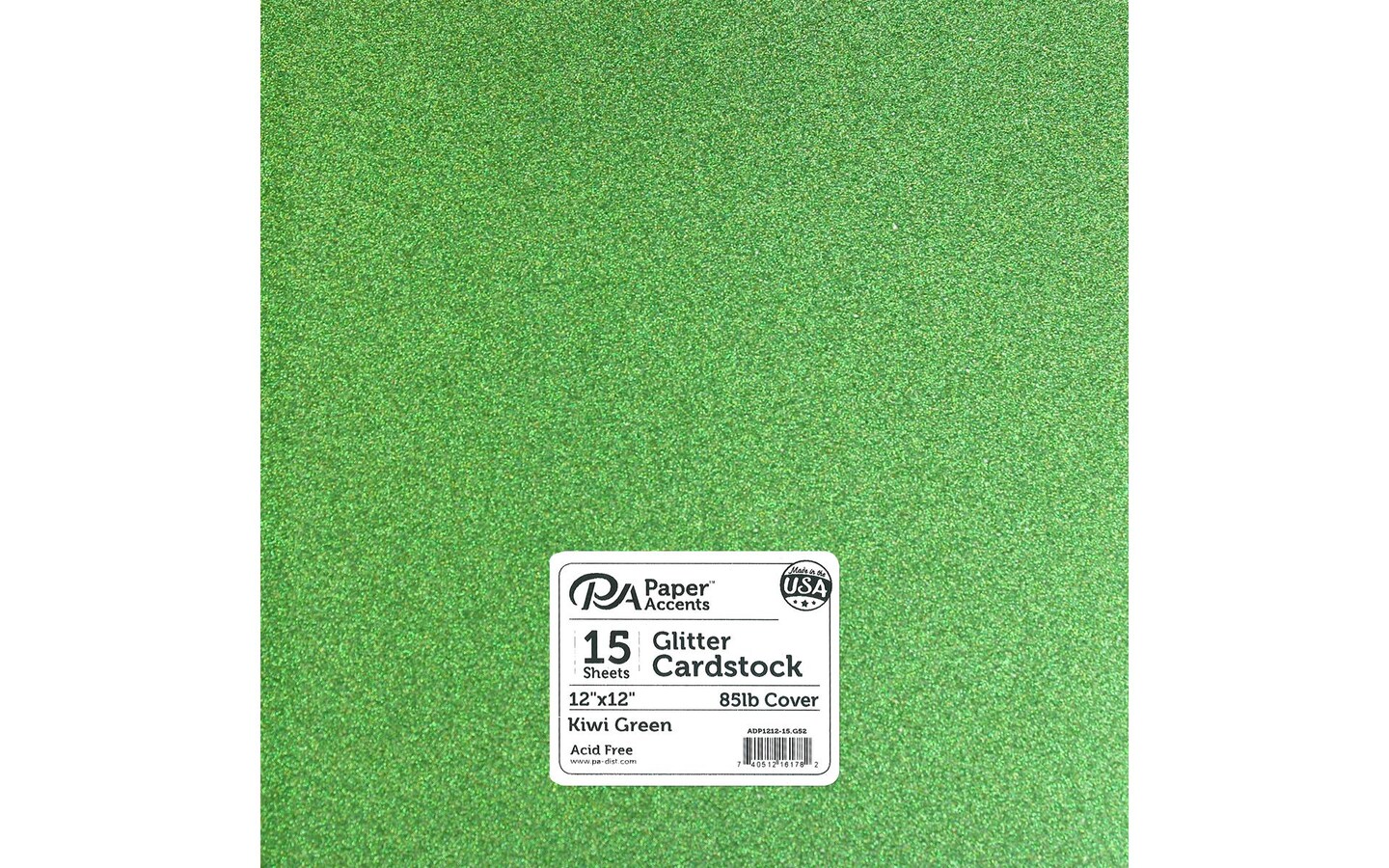 PA Paper Accents Glitter Cardstock 12&#x22; x 12&#x22; Kiwi Green, 85lb colored cardstock paper for card making, scrapbooking, printing, quilling and crafts, 15 piece pack