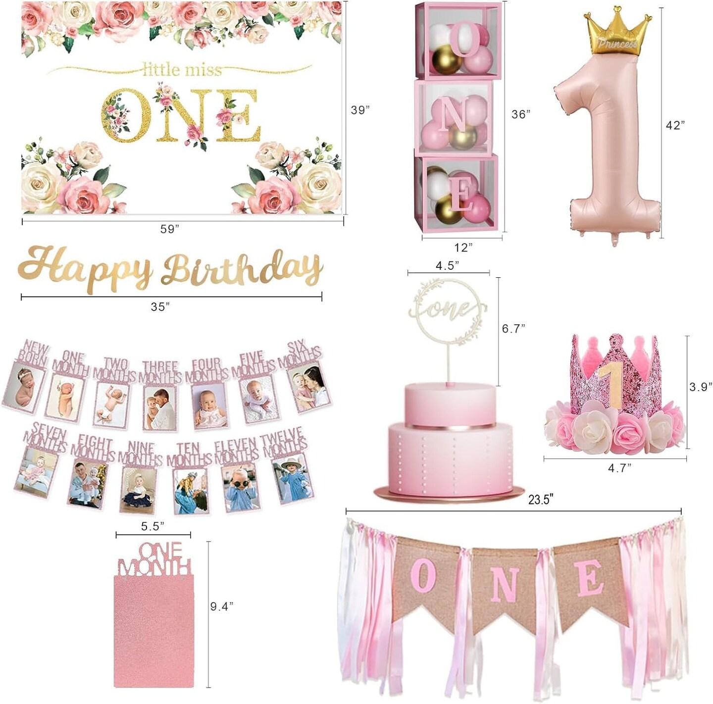 Baby Girl 1st Birthday Decorations , Baby First Birthday Supplies for Girl,Including Balloon Boxes, Pink Gold Balloons Garland Arch Kit,Party Backdrop, High Chair Banner, Crown, Photo Banner