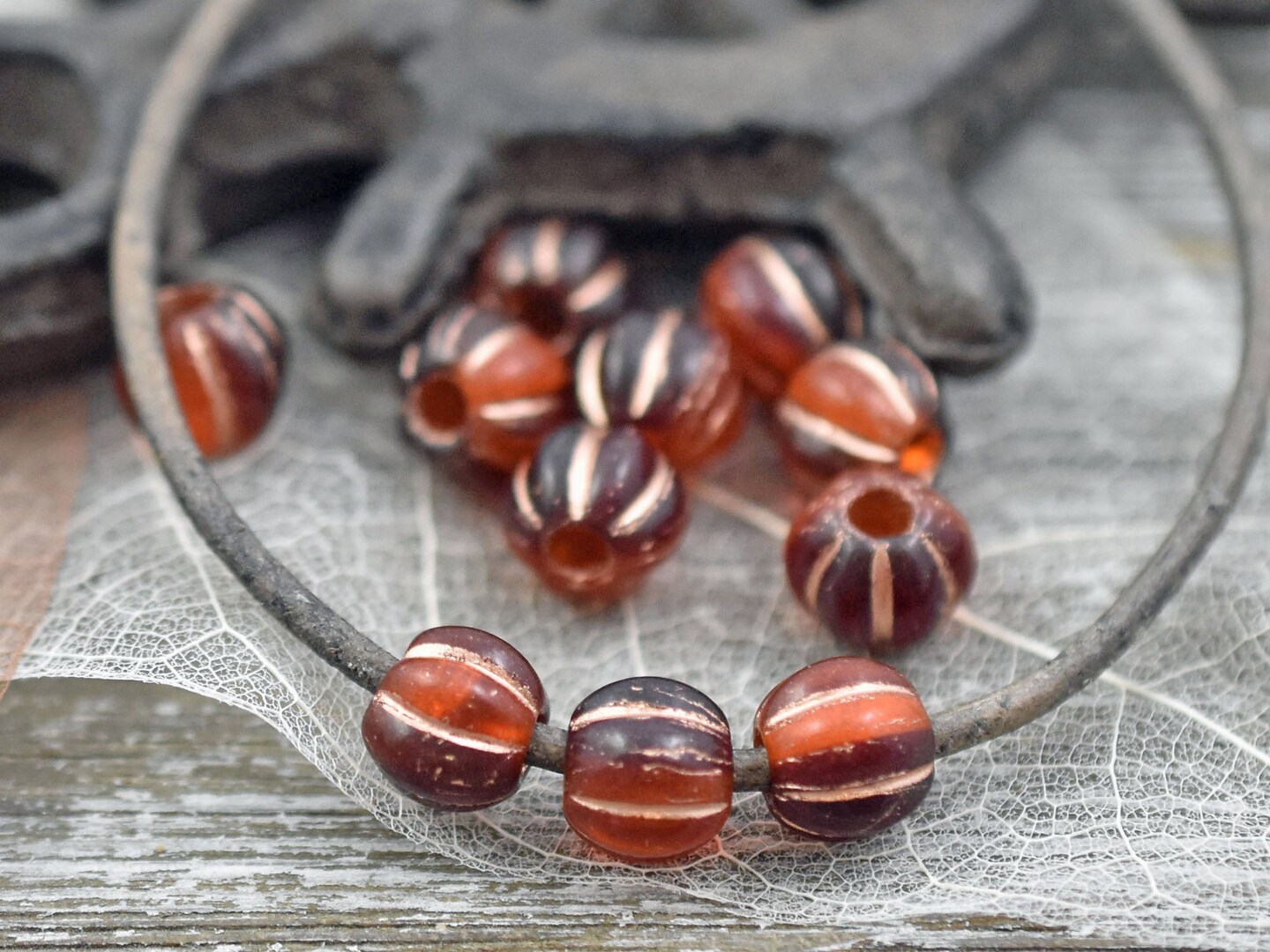 *20* 8mm Copper Washed Red Sunset Large Hole Melon Beads