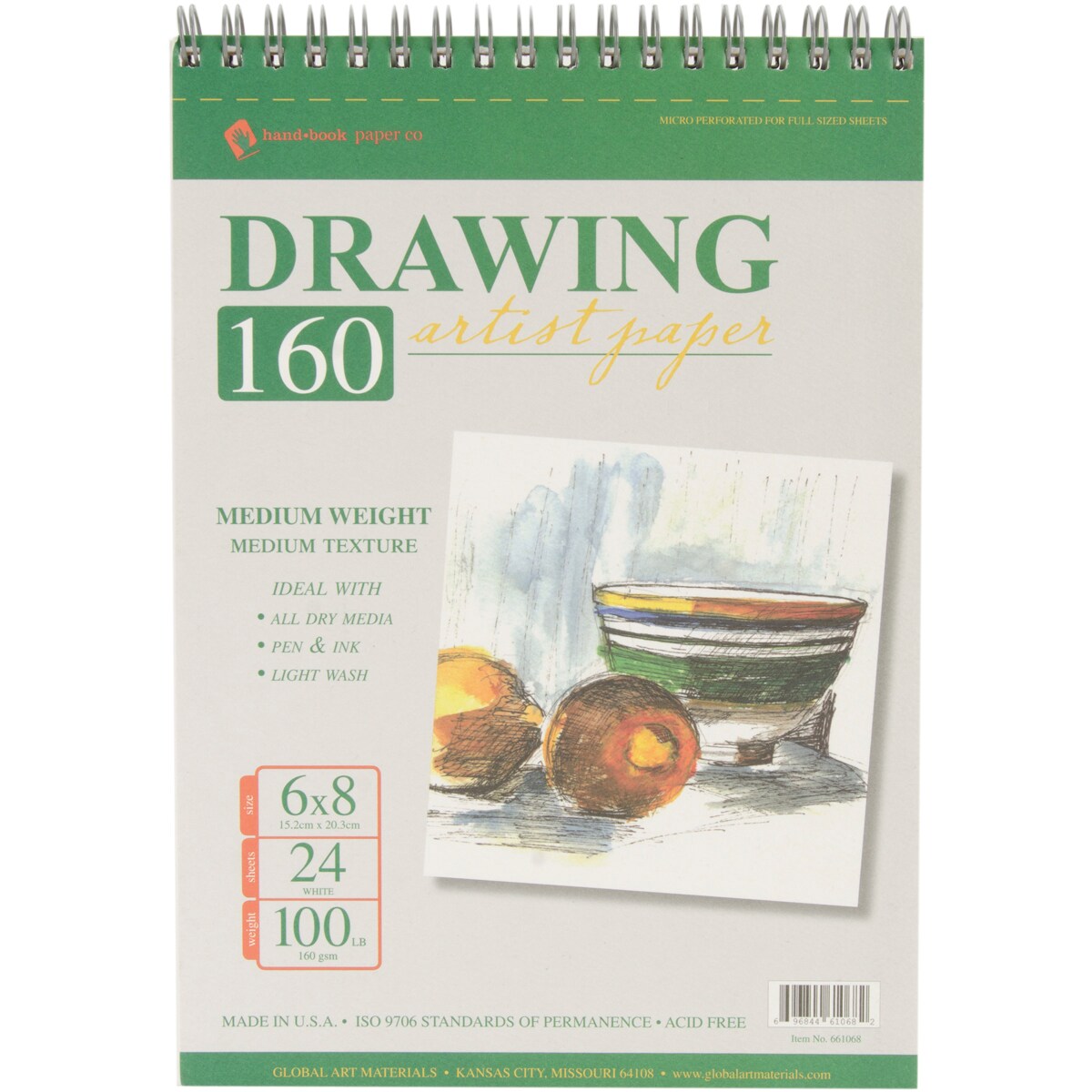 Global Art Spiral Drawing Paper Pad 6&#x22;X8&#x22;-24 Sheets
