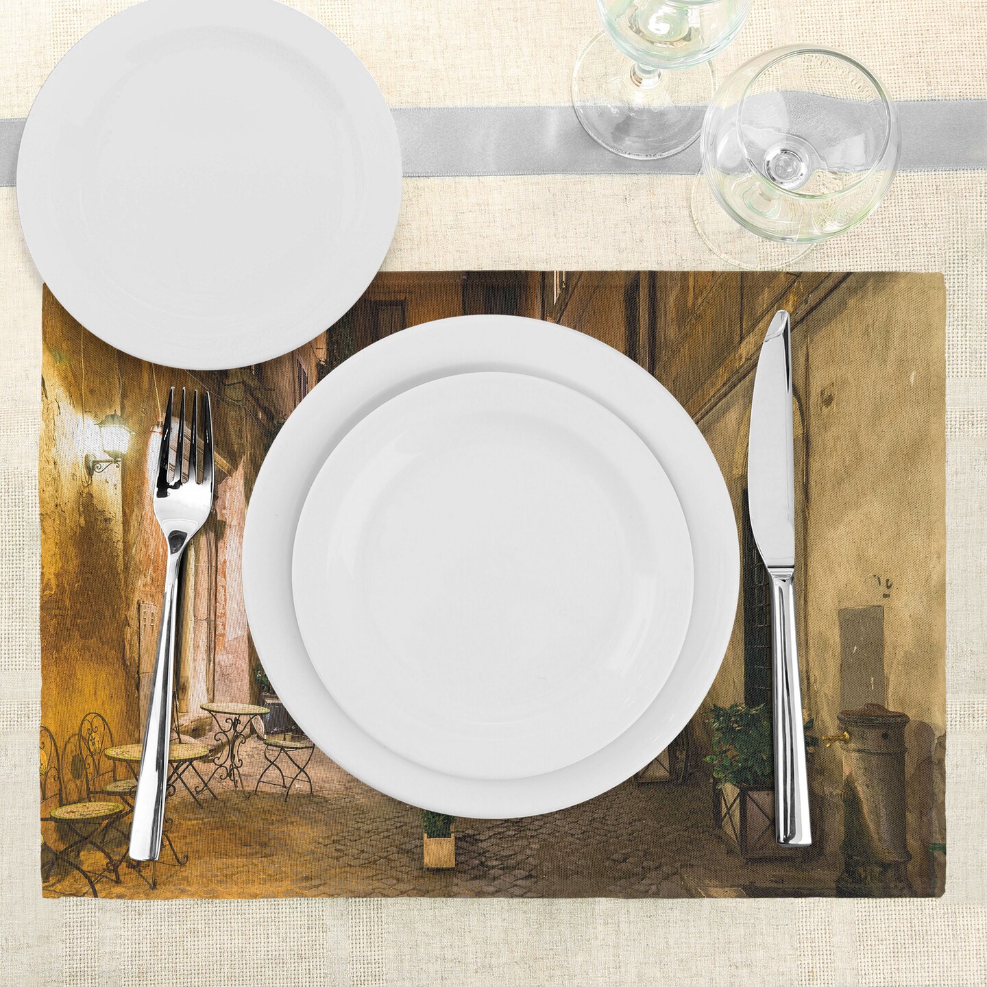 Ambesonne Italian Place Mats Set of 4, Old Courtyard Rome Italy Cafe Chairs City Historic Houses in Street, Washable Fabric Placemats for Dining Table, Standard Size, Pale Yellow Green Orange