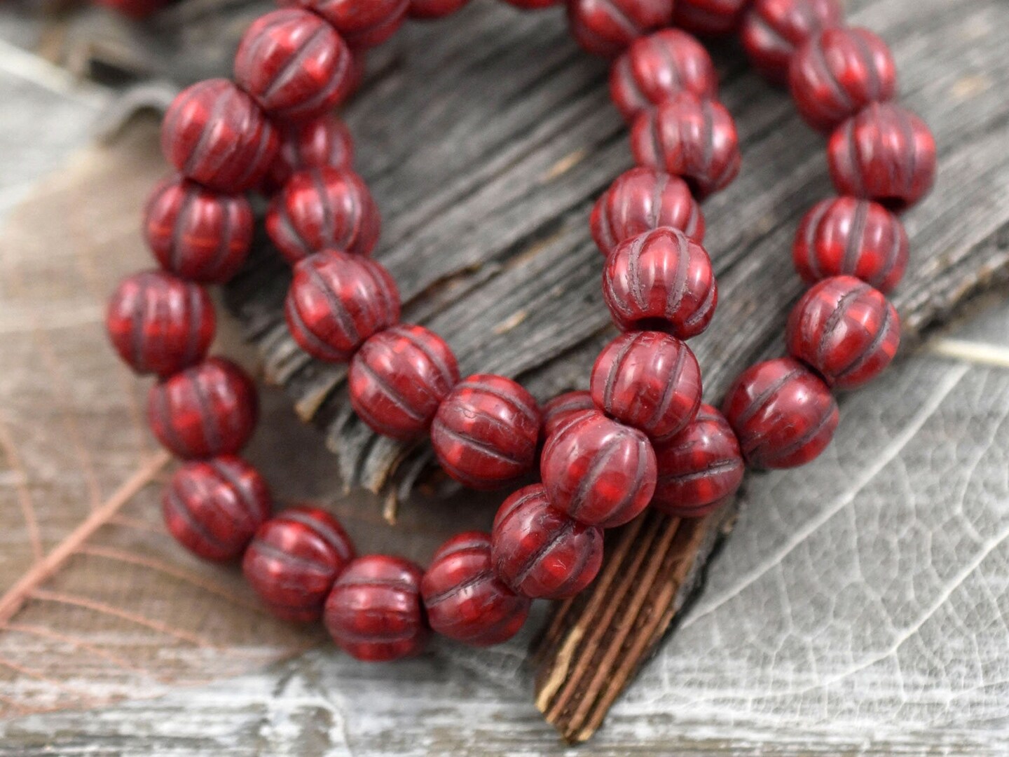 *20* 8mm Bronze Washed Ruby Red Large Hole Melon Beads