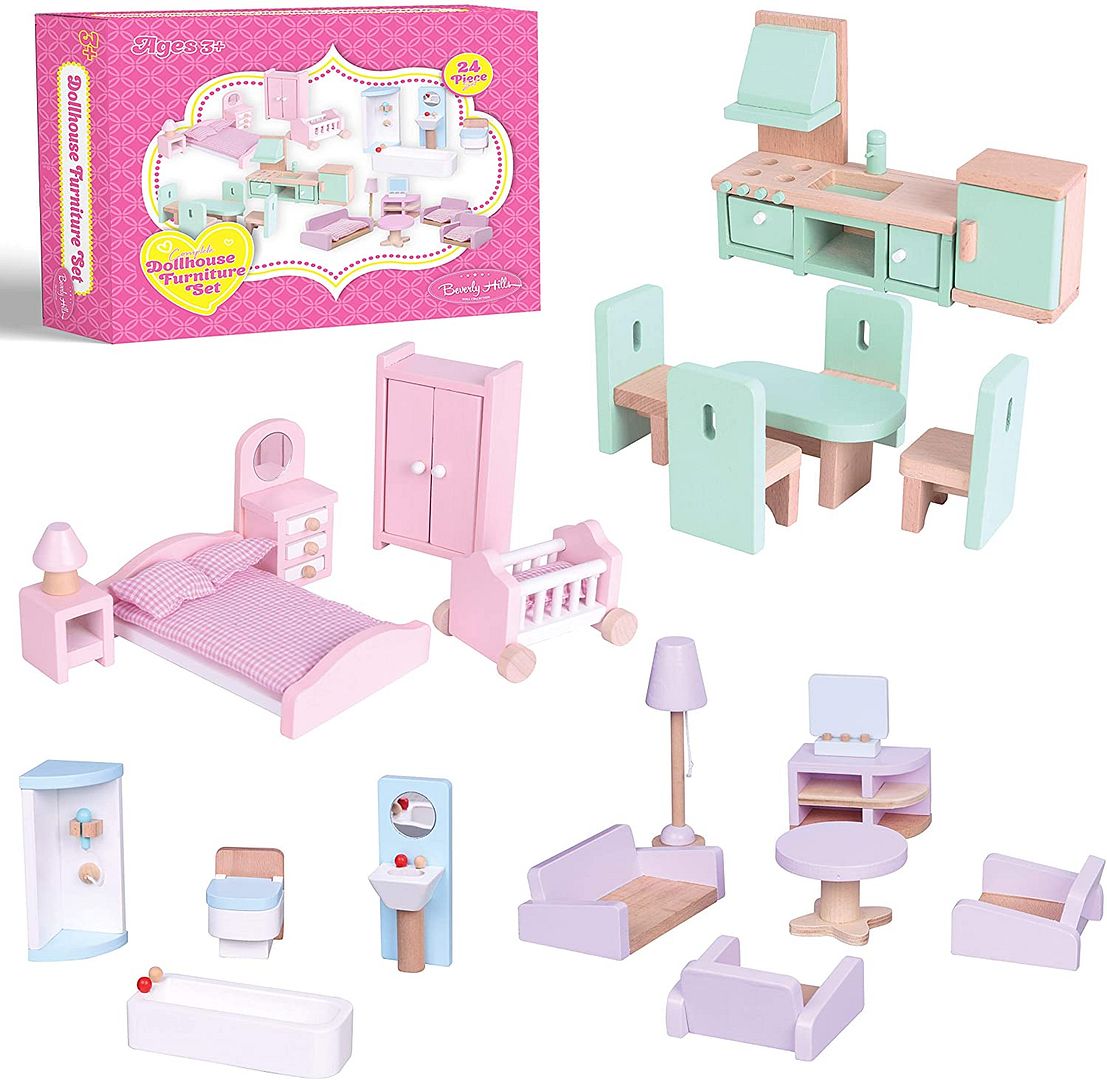 Morgen acceptabel skrive et brev Beverly Hills Doll Collection Wooden Dollhouse Furniture Set for Kids -  Miniature Dollhouse Accessories 24PCS Doll House Furnishings with Kitchen,  Living Room, Bedroom, and Bathroom for Doll Family | Michaels