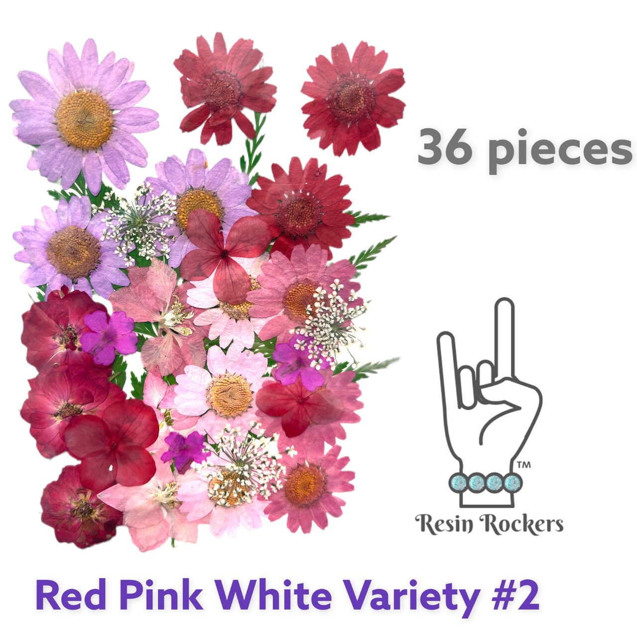 36 Piece Red Pink White Variety #2 Dried Pressed Real Natural Flowers For Epoxy &#x26; UV Resin Art