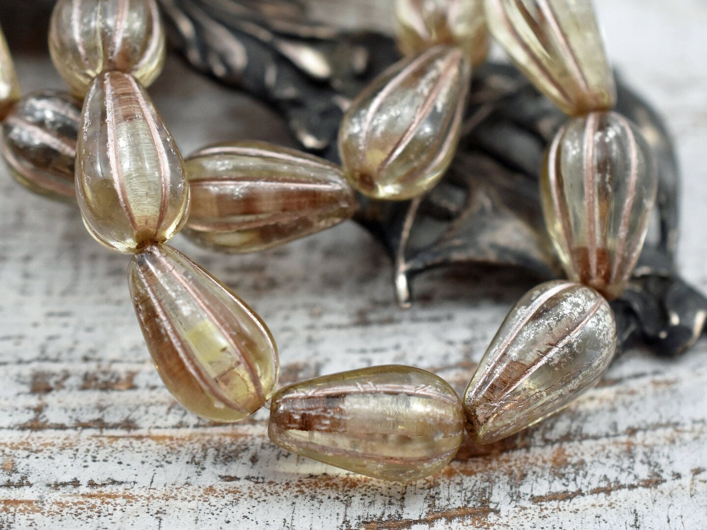 *6* 13x8mm Antique Silver &#x26; Platinum Washed Crystal Melon Drop Beads