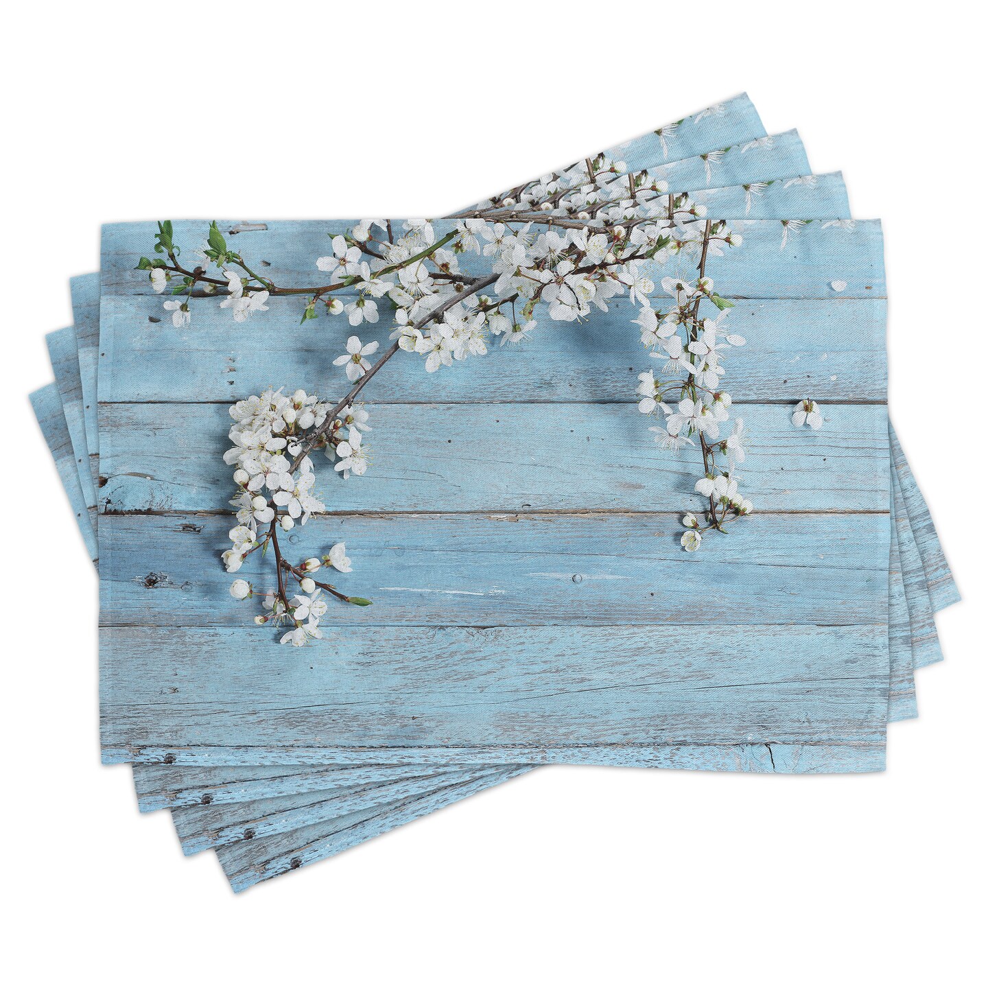 Ambesonne Rustic Place Mats Set of 4, Branch Blooming Warm Season Flowers on Wooden Fragility of Spring, Washable Fabric Placemats for Dining Table, Standard Size, White Pale Blue
