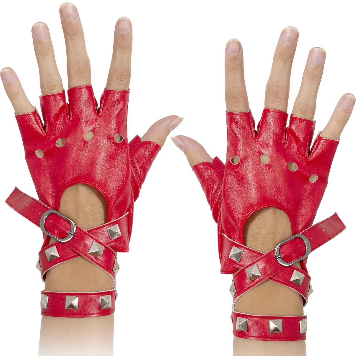 Fingerless Faux Leather Gloves - Red Biker Punk Gloves with Belt