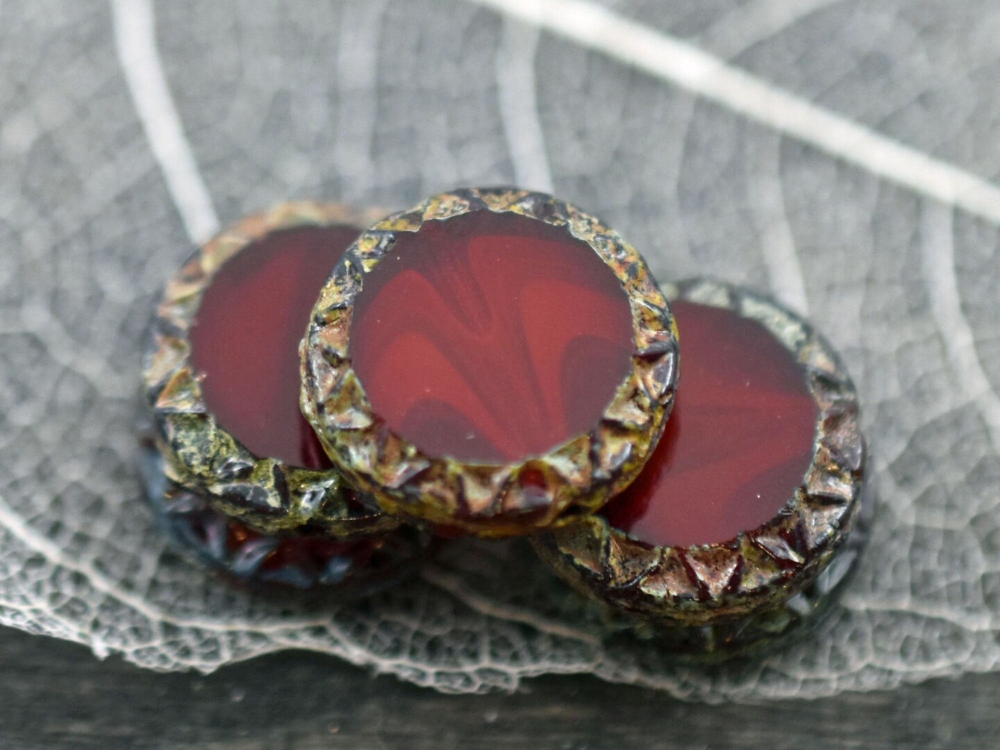 *6* 12mm Red Opaline Picasso Mayan Sun Coin Beads