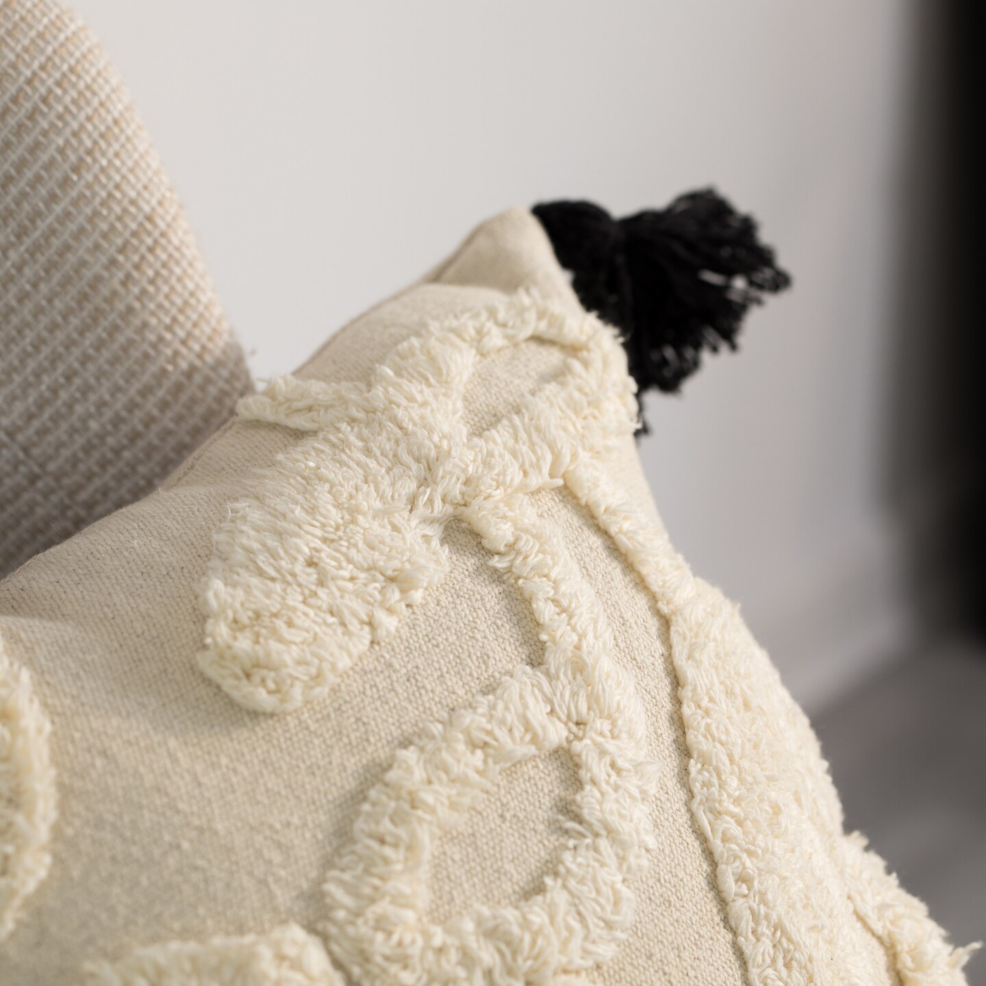 16" Handwoven Cotton Throw Pillow Cover with White on White Tufted Design and Tassel Corners