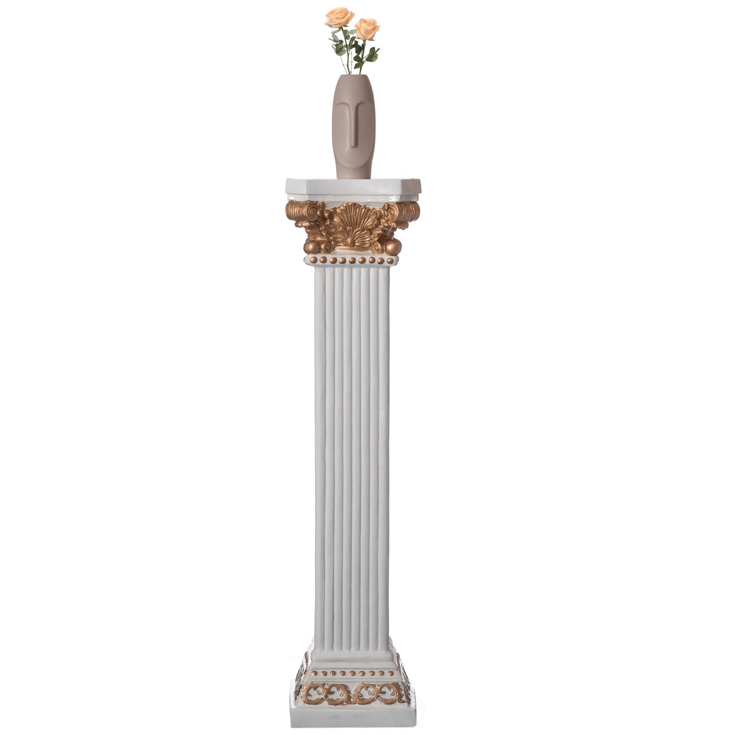 Decorative Fiberglass White and Gold Plinth Roman Style Column Ionic Piller Pedestal Vase Stand for Wedding or Party, Living Room, or Dining Room Decor - Photography Props - Sculpture Display - Greek-inspired Luxury Decor Piece with Ornate Gold Accen