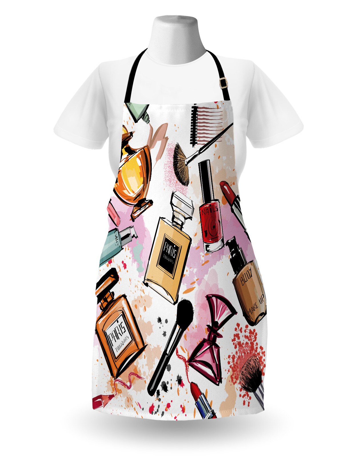 Ambesonne Fashion Apron, Cosmetic and Makeup Theme Pattern Perfume Lipstick Nail Polish Brush Modern, Unisex Kitchen Bib with Adjustable Neck for Cooking Gardening, Adult Size, Multicolor