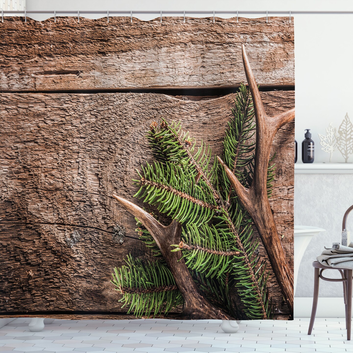 Ambesonne Antlers Shower Curtain, Evergreen Branch Deer Antler Against Rustic Wooden Background Print, Cloth Fabric Bathroom Decor Set with Hooks, 69&#x22; W x 84&#x22; L, Fern Green Umber