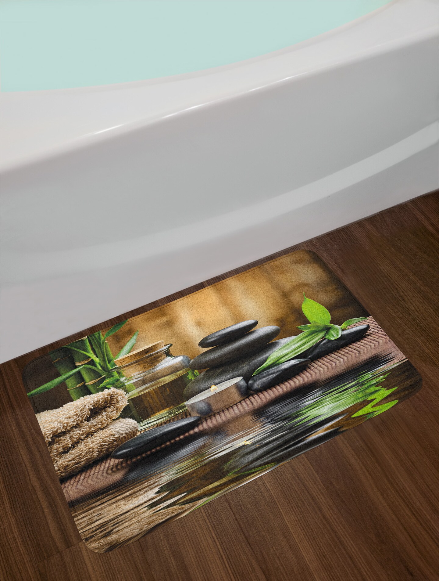 Ambesonne Spa Bath Mat, Massage Stone Triplets Herbal Oil and Scent Candles Print, Plush Bathroom Decor Mat with Non Slip Backing, 29.5&#x22; X 17.5&#x22;, Black Brown