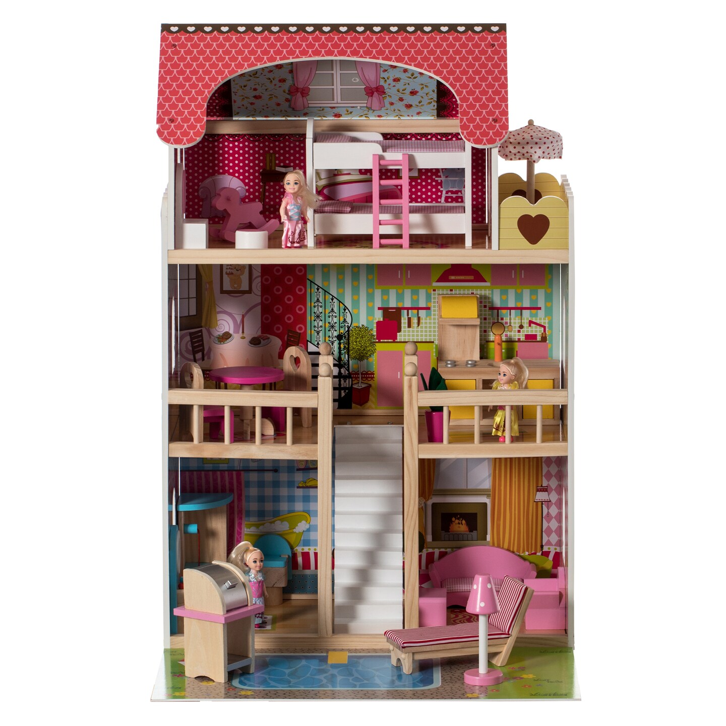 Wooden Doll House with Toys and Furniture Accessories with LED light for Ages 3+