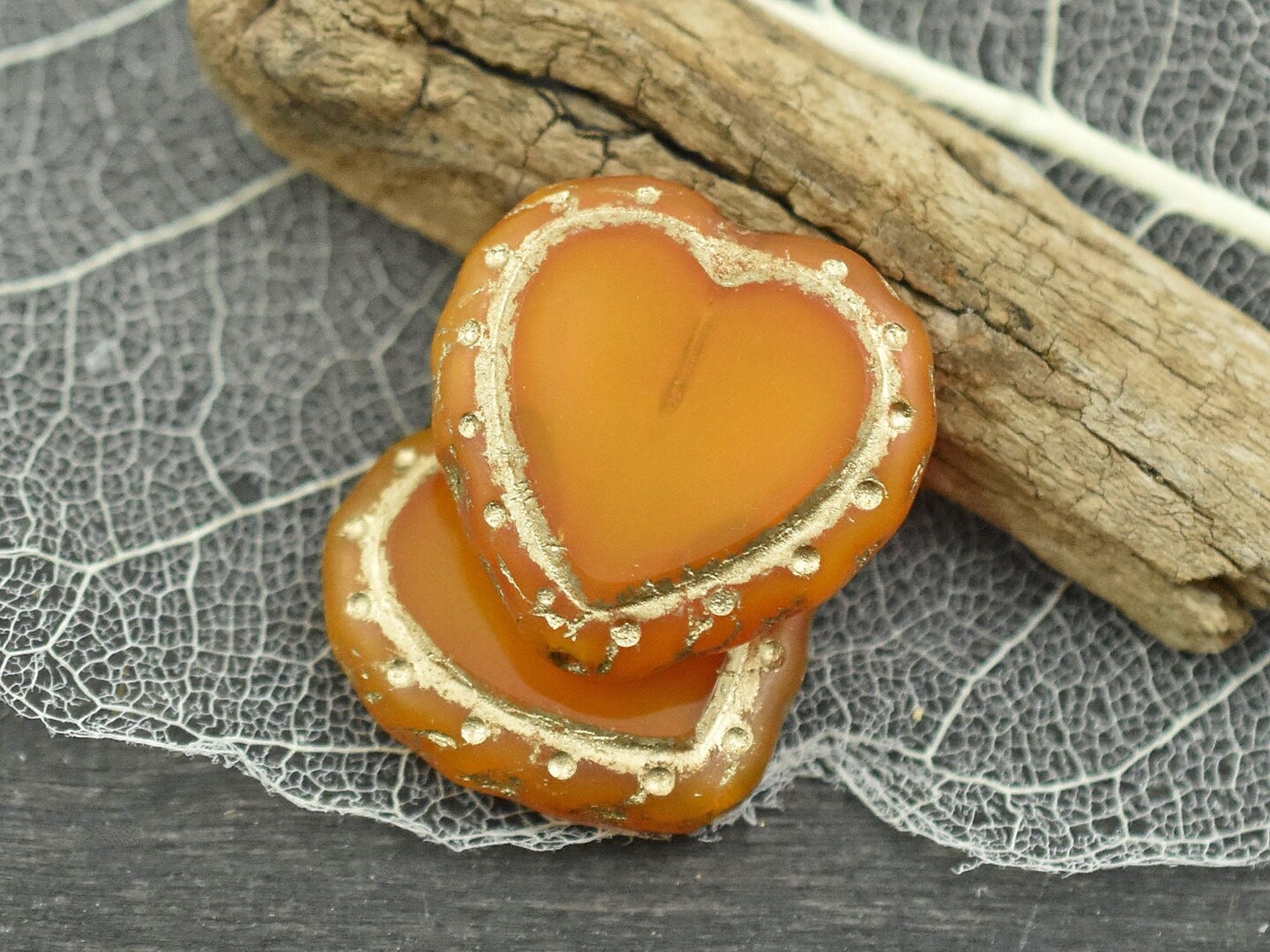 *2* 18mm Golden Bronze Washed Tangerine Opal Heart Beads