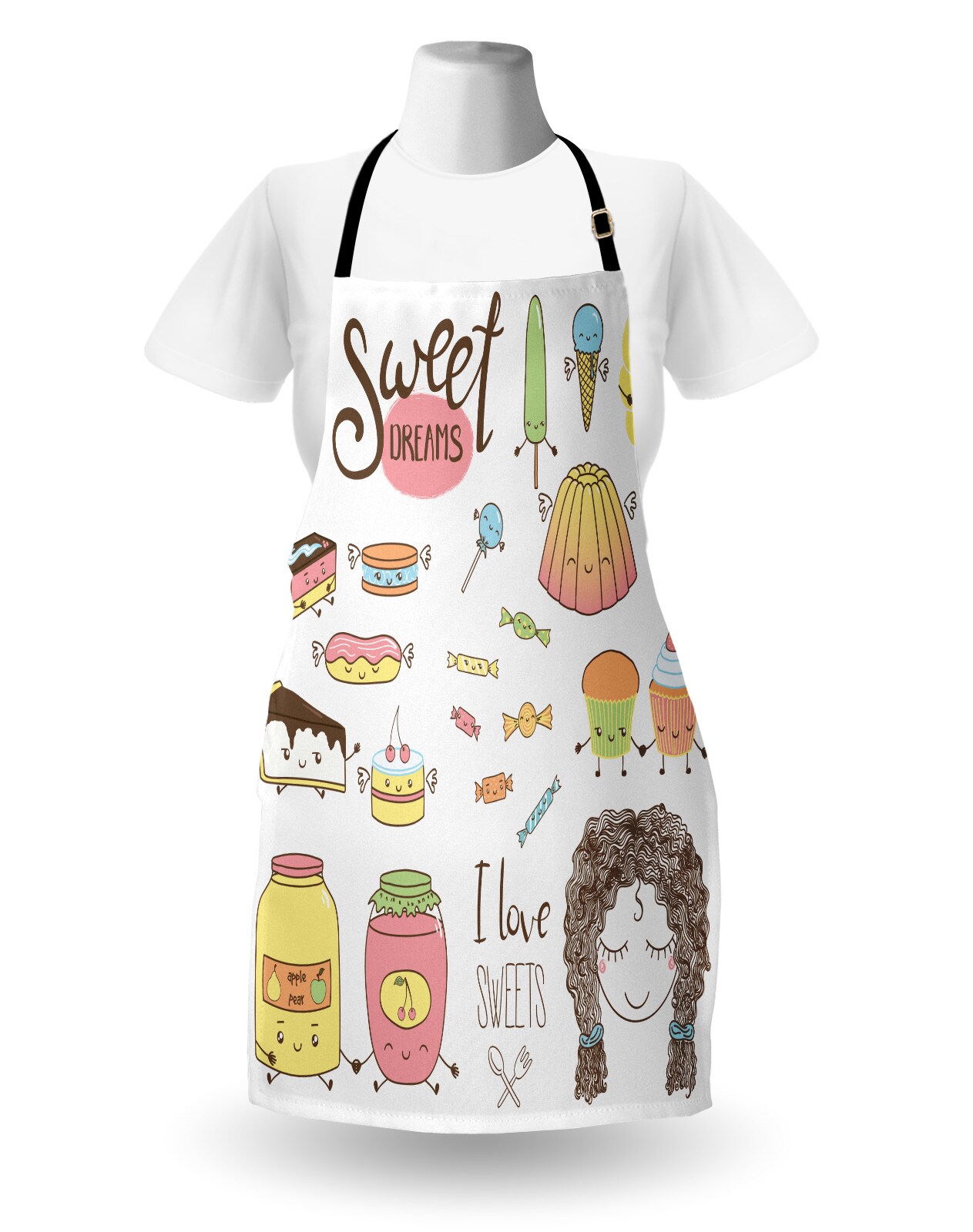 Ambesonne Saying Apron, Teen Girl Dreaming About Sweets Food Doodle Characters Kawaii Cartoon Faces, Unisex Kitchen Bib with Adjustable Neck for Cooking Gardening, Adult Size, Multicolor