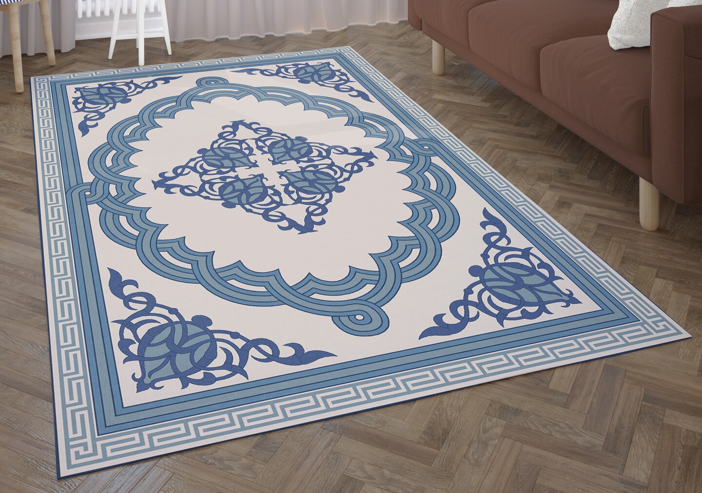 Deerlux Transitional Living Room Area Rug with Nonslip Backing, Blue Medallion Pattern