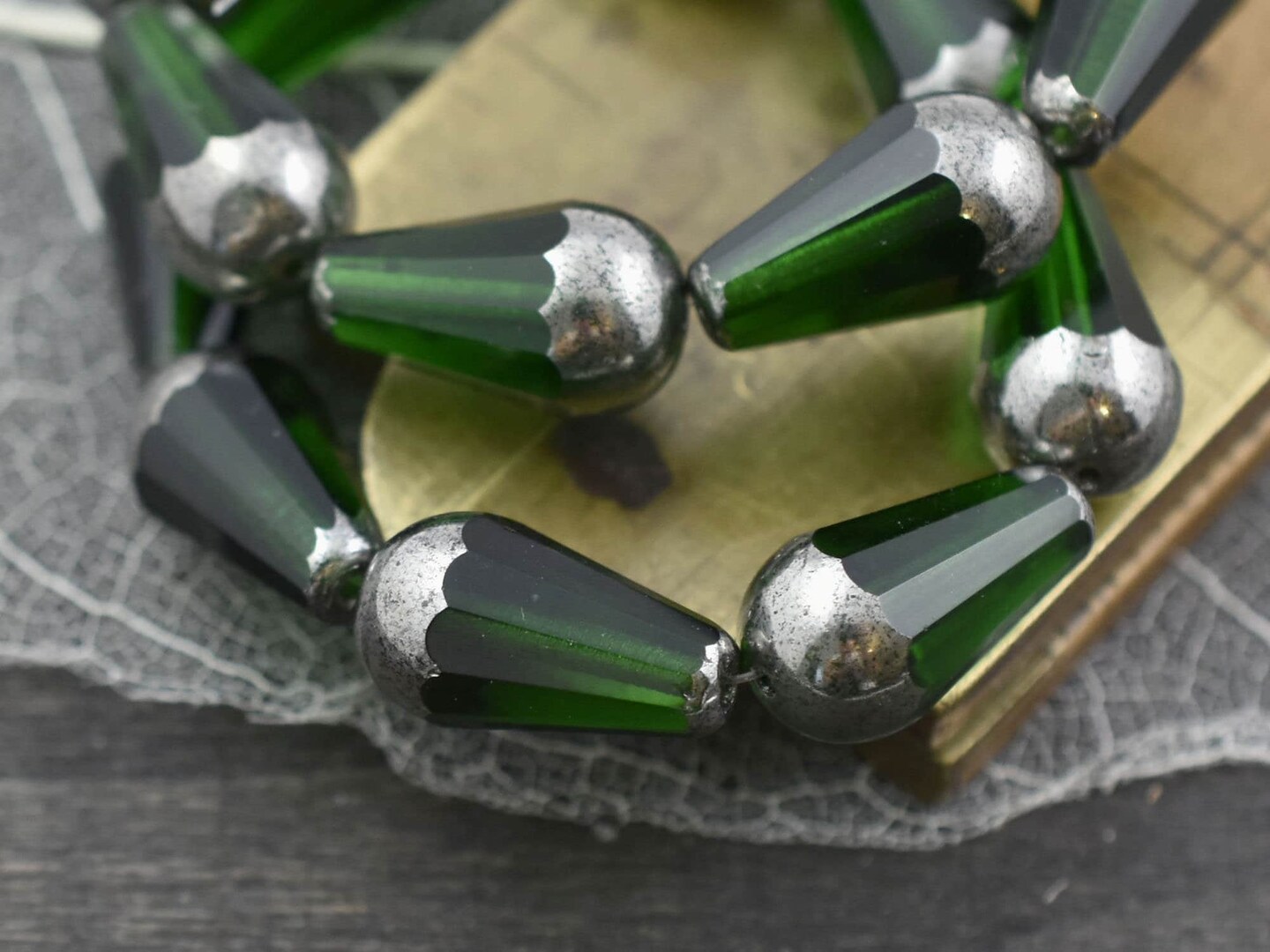 *4* 8x15mm Silver Tipped Emerald Green Faceted Drop Beads