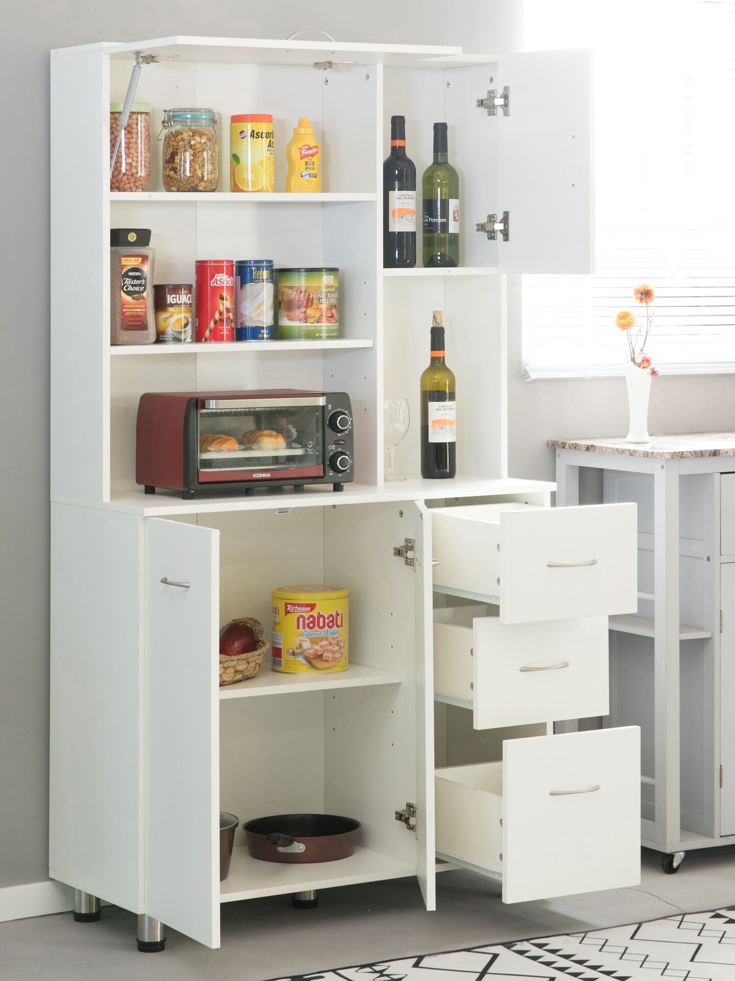Kitchen Pantry Storage Cabinet with Doors and Shelves, White