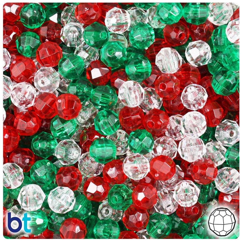BeadTin Christmas Transparent Mix 6mm Faceted Round Plastic Craft Beads (600pcs)