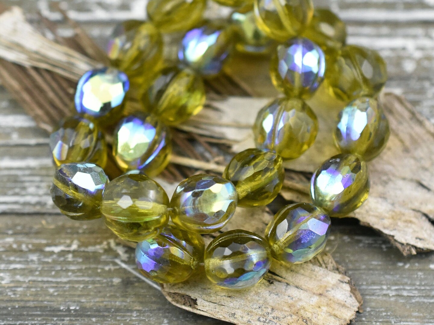 *10* 10mm Olive Green AB Faceted Round Melon Beads