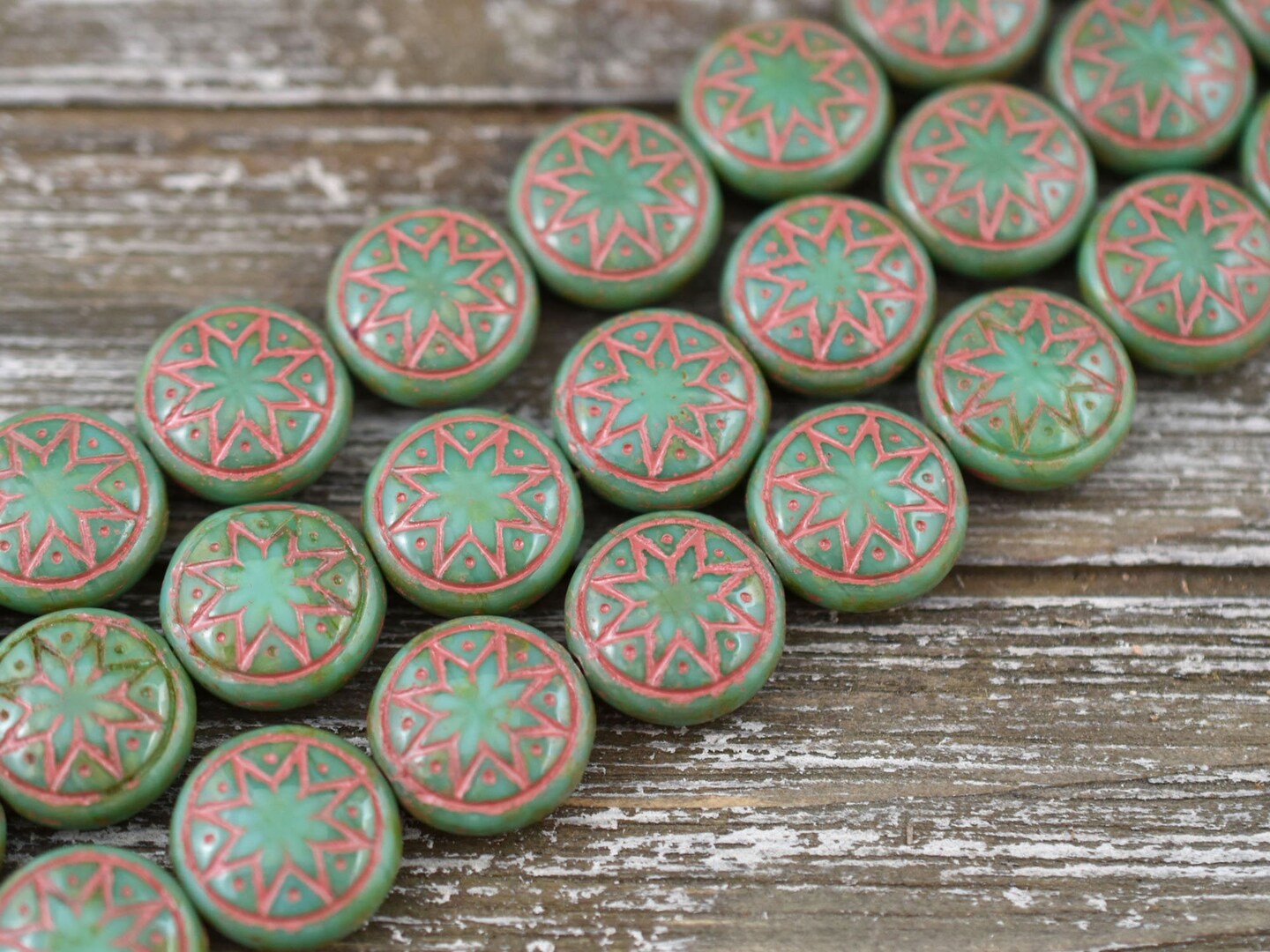*6* 13mm Red Washed Green Travertine Ishtar Coin Beads Michaels