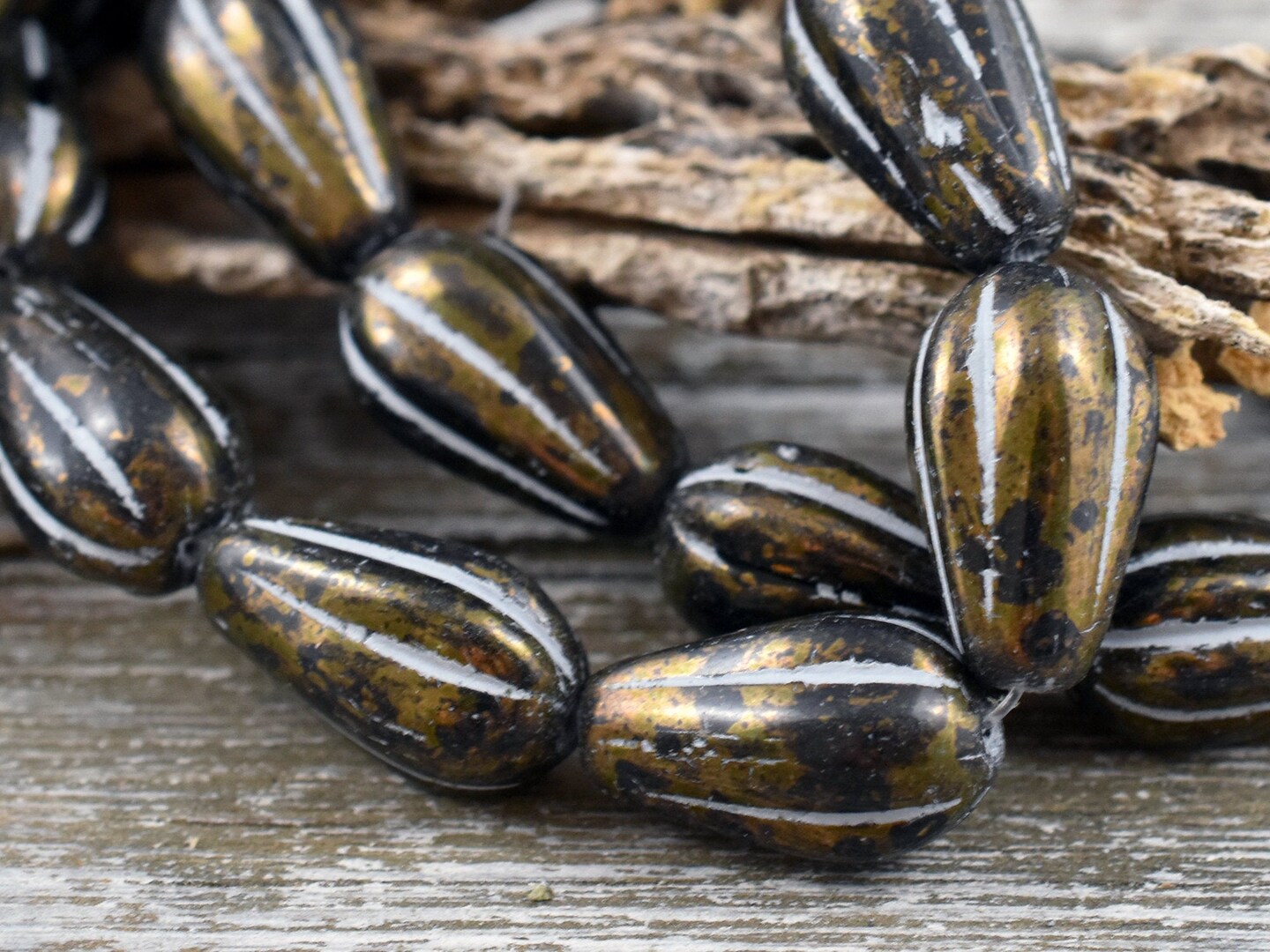*6* 15x8mm Golden Grey Washed Jet Black Melon Drop Beads
