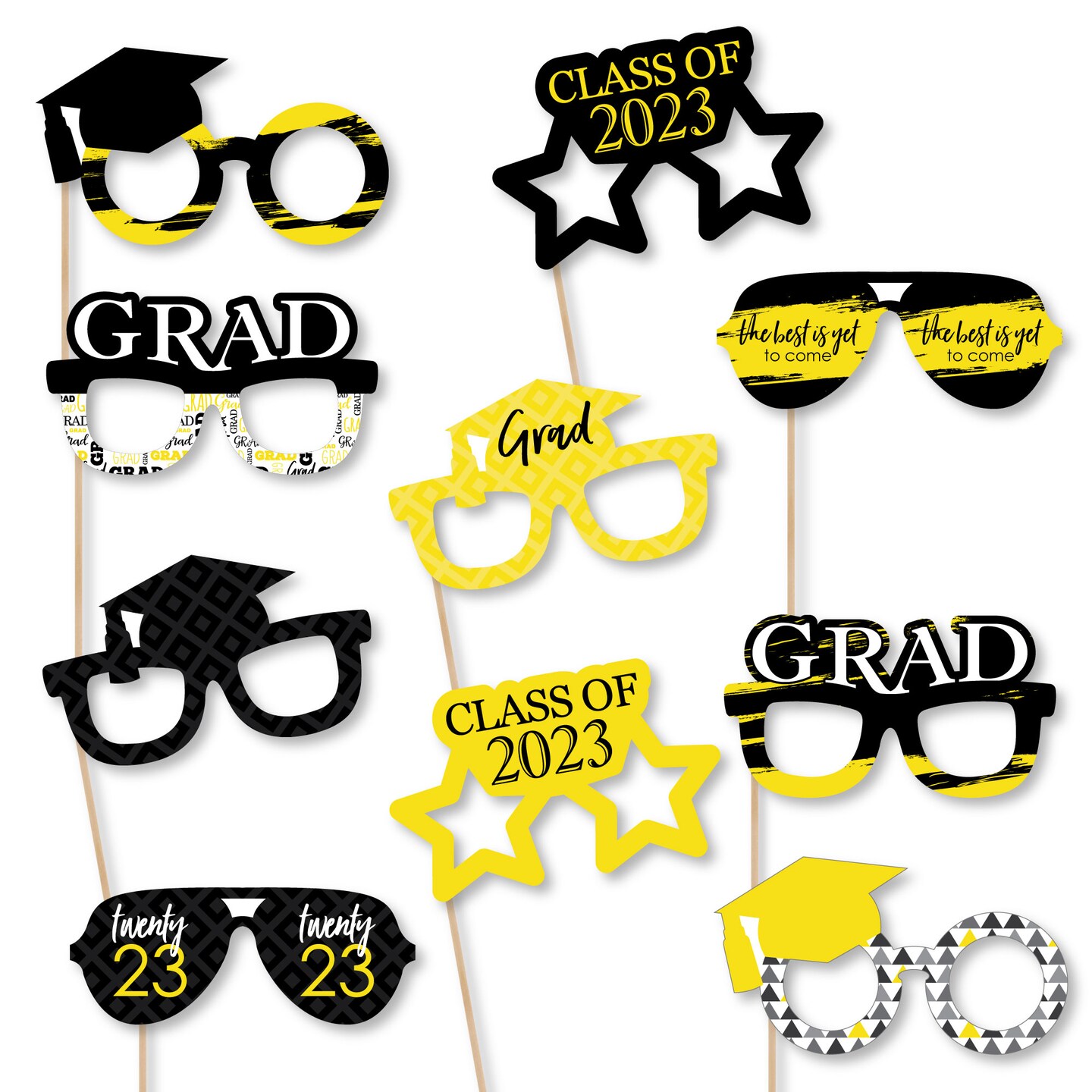 Big Dot of Happiness 2023 Yellow Graduation Glasses - Paper Card Stock Party Photo Booth Props Kit - 10 Count