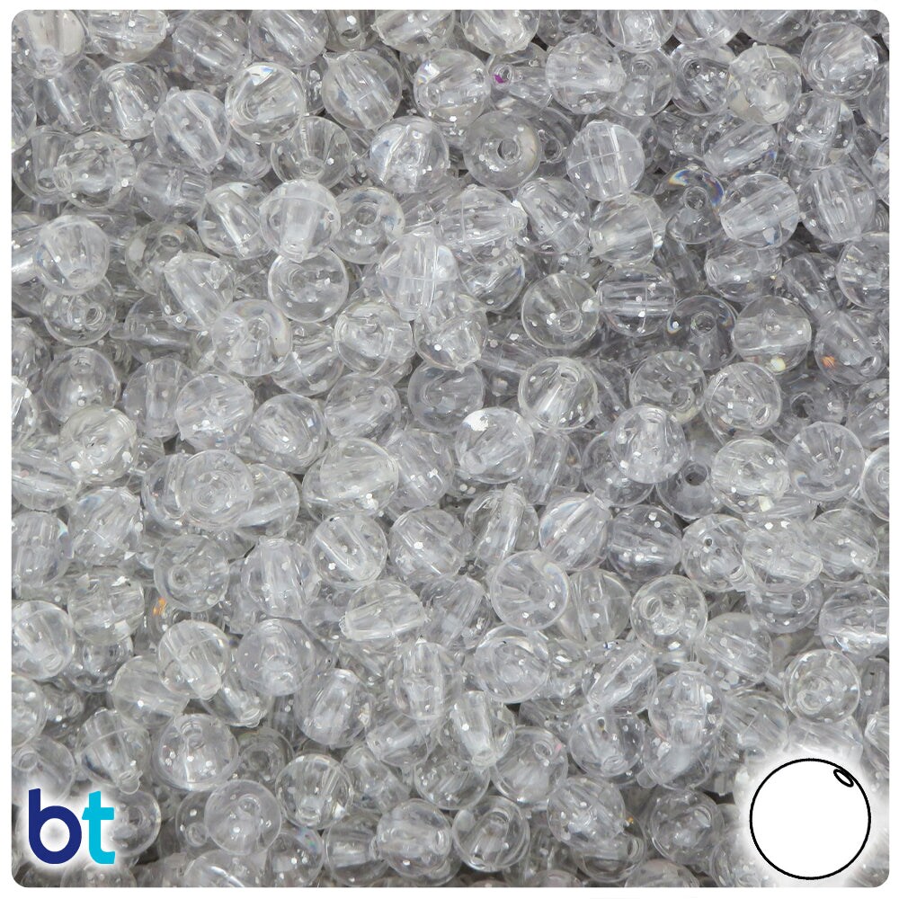 BeadTin Silver Sparkle 6mm Round Plastic Craft Beads (500pcs)