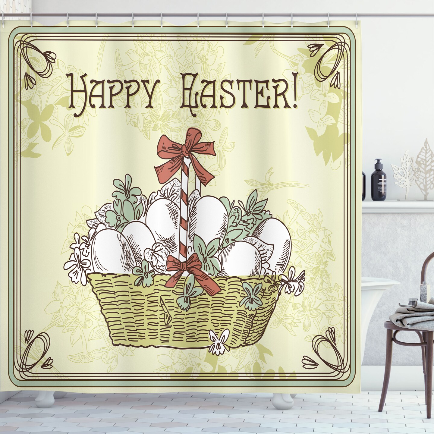 Ambesonne Easter Shower Curtain, Happy Easter Calligraphy with Ribbon Basket of Eggs Vintage Style Drawn Print, Cloth Fabric Bathroom Decor Set with Hooks, 69" W x 70" L, Green and Khaki