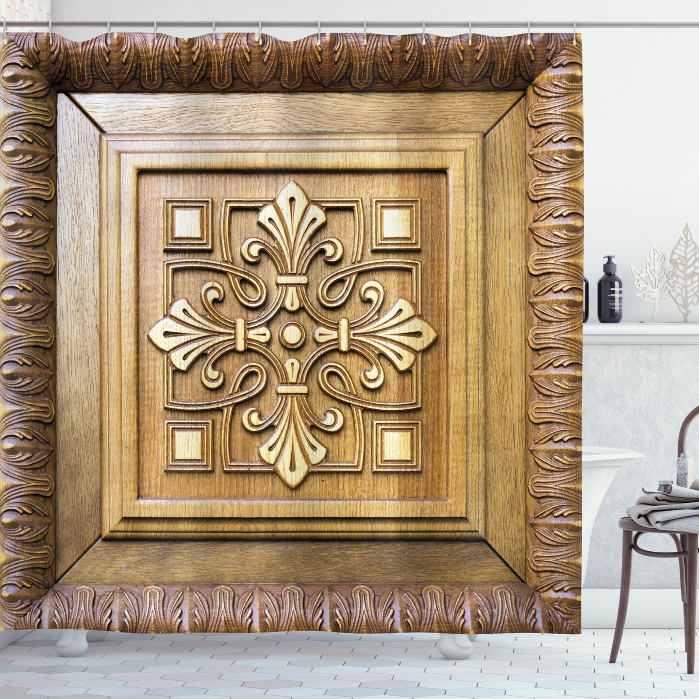 Ambesonne Antique Shower Curtain, Wooden Art Frame View Retro Design Lover Classic Carving-Like Royal Motif, Cloth Fabric Bathroom Decor Set with Hooks, 69" W x 70" L, Khaki and Brown