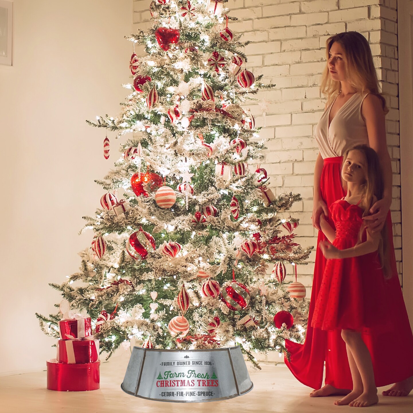 Ornativity Metal Christmas Tree Collar - 24&#x22; Galvanized Tin Metal Rustic Bucket Base Skirt for Xmas Holiday Tree Bottom